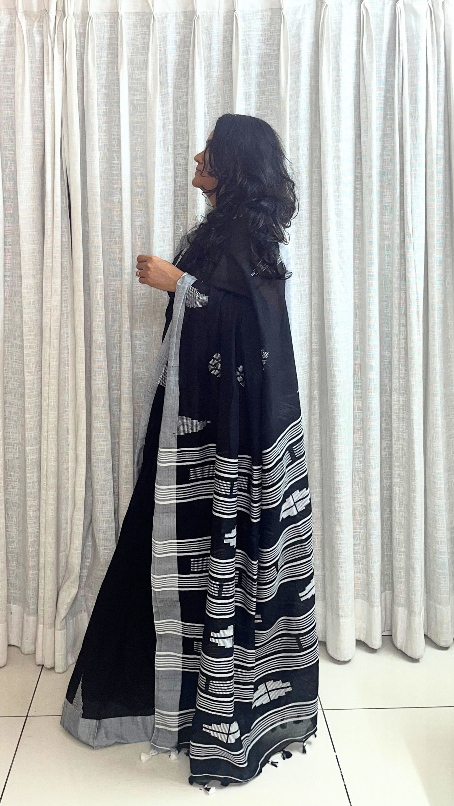 Cotton saree handwork - Black and Grey