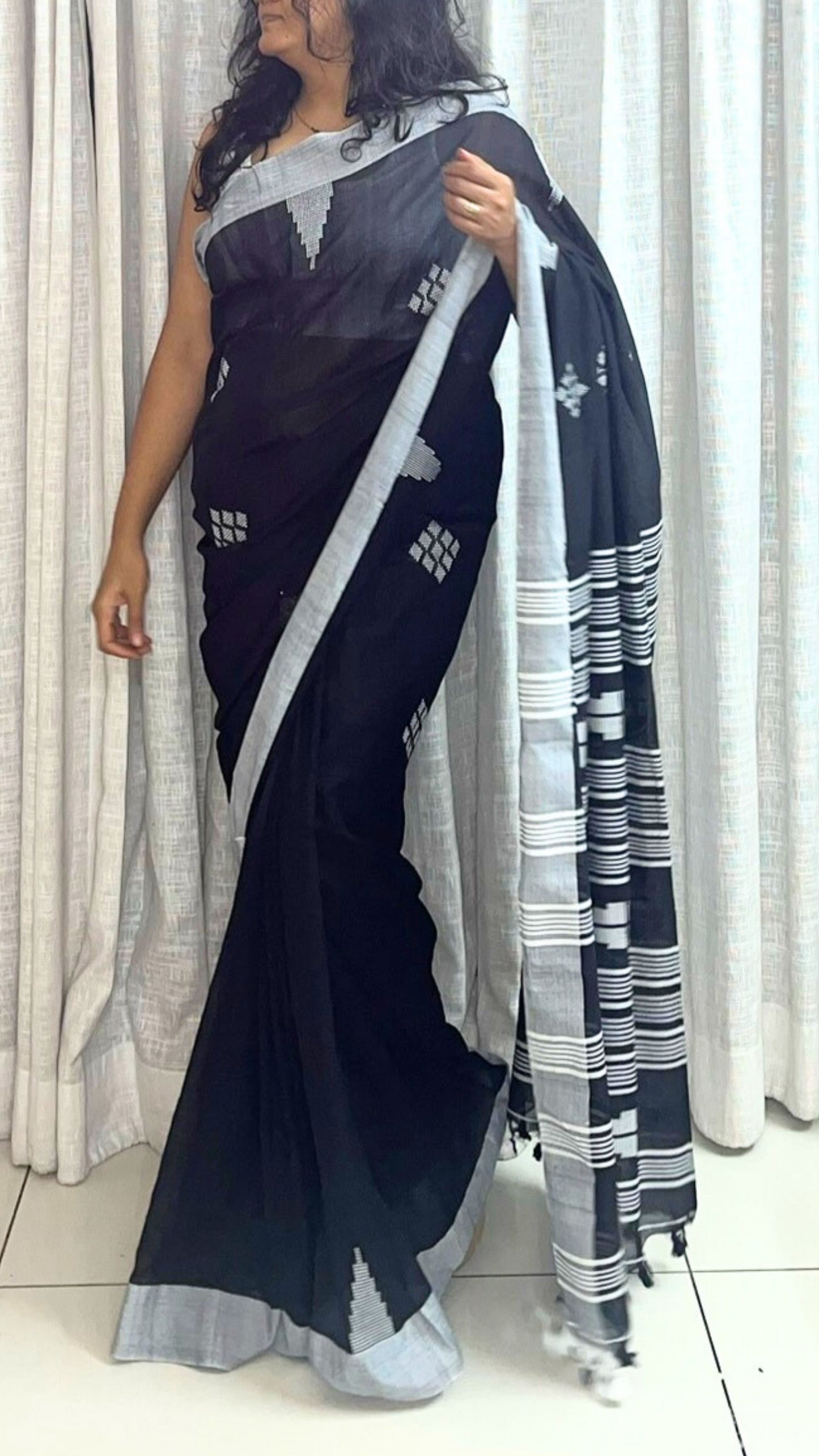 Cotton saree handwork - Black and Grey