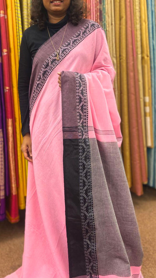 Soft Cotton saree with traditional border - Pink and Black