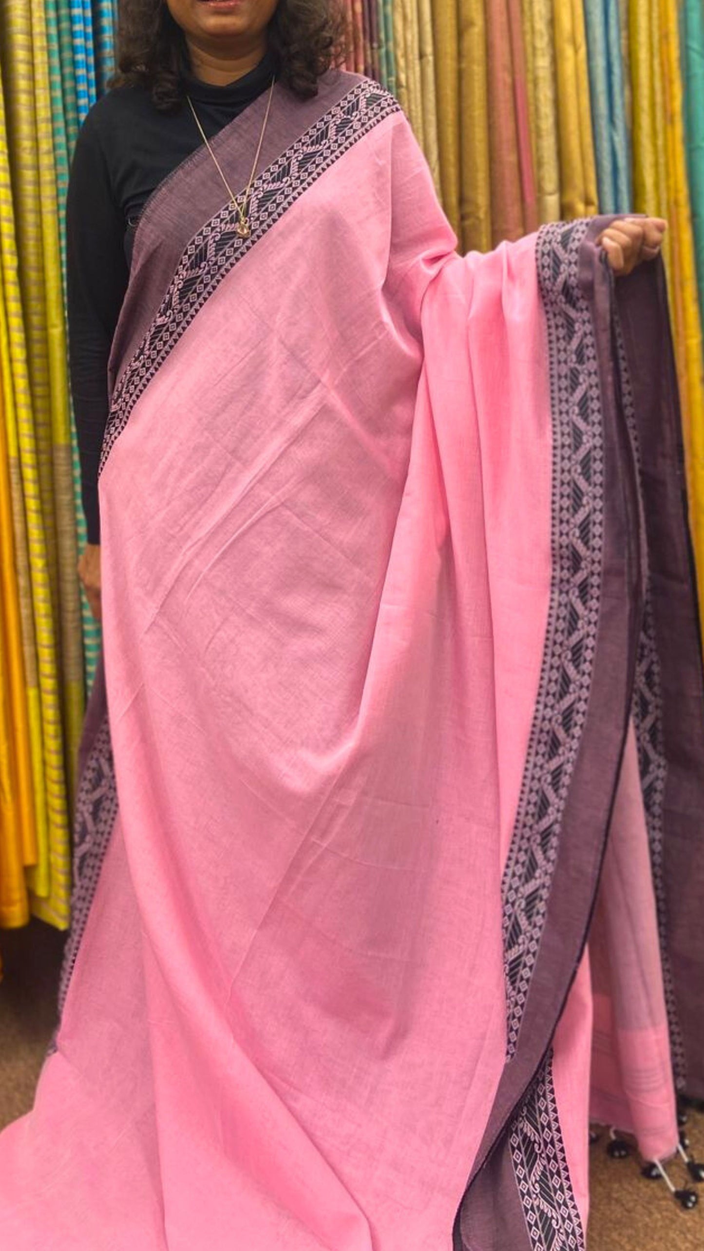 Soft Cotton saree with traditional border - Pink and Black