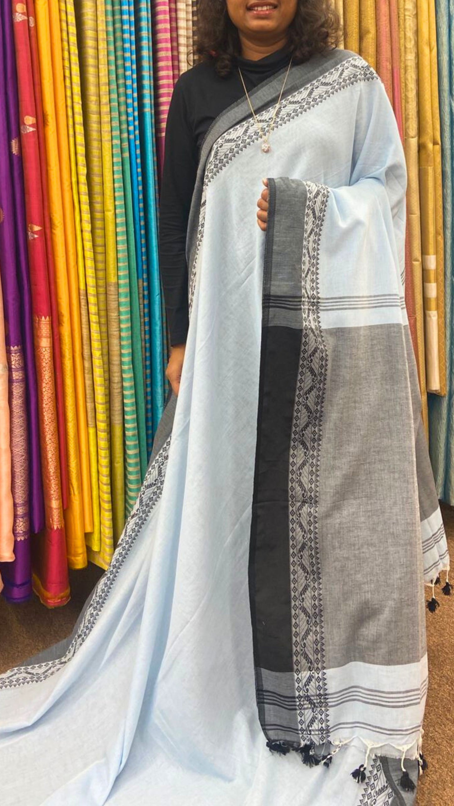 Soft Cotton saree with traditional border - Sky Blue