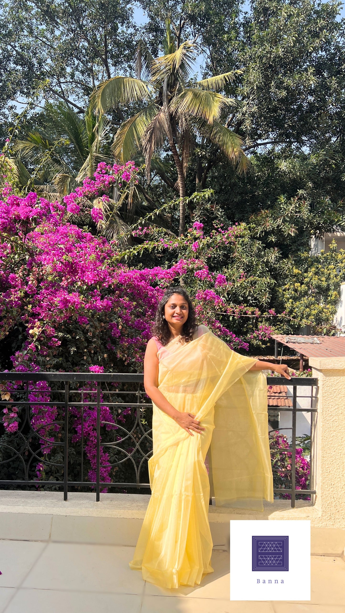 Lemon Yellow Organza Solid Saree