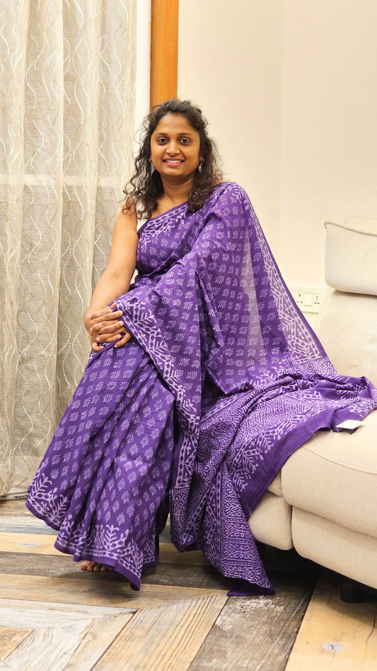 Mulmul cotton saree with Handblock prints - Purple Maze