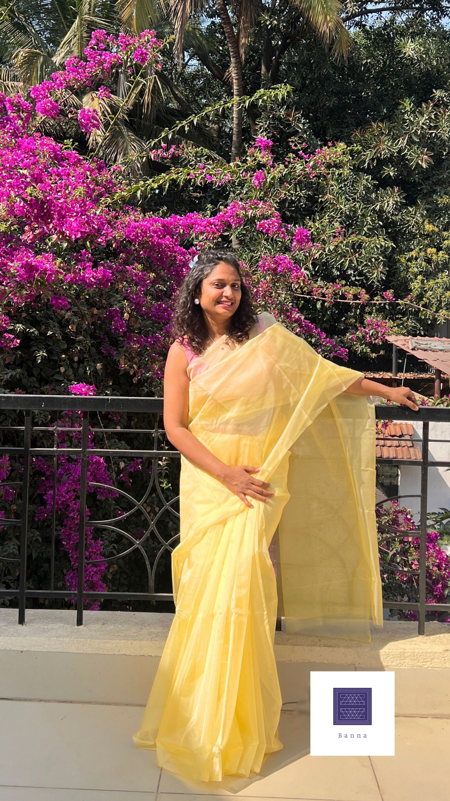 Lemon Yellow Organza Solid Saree