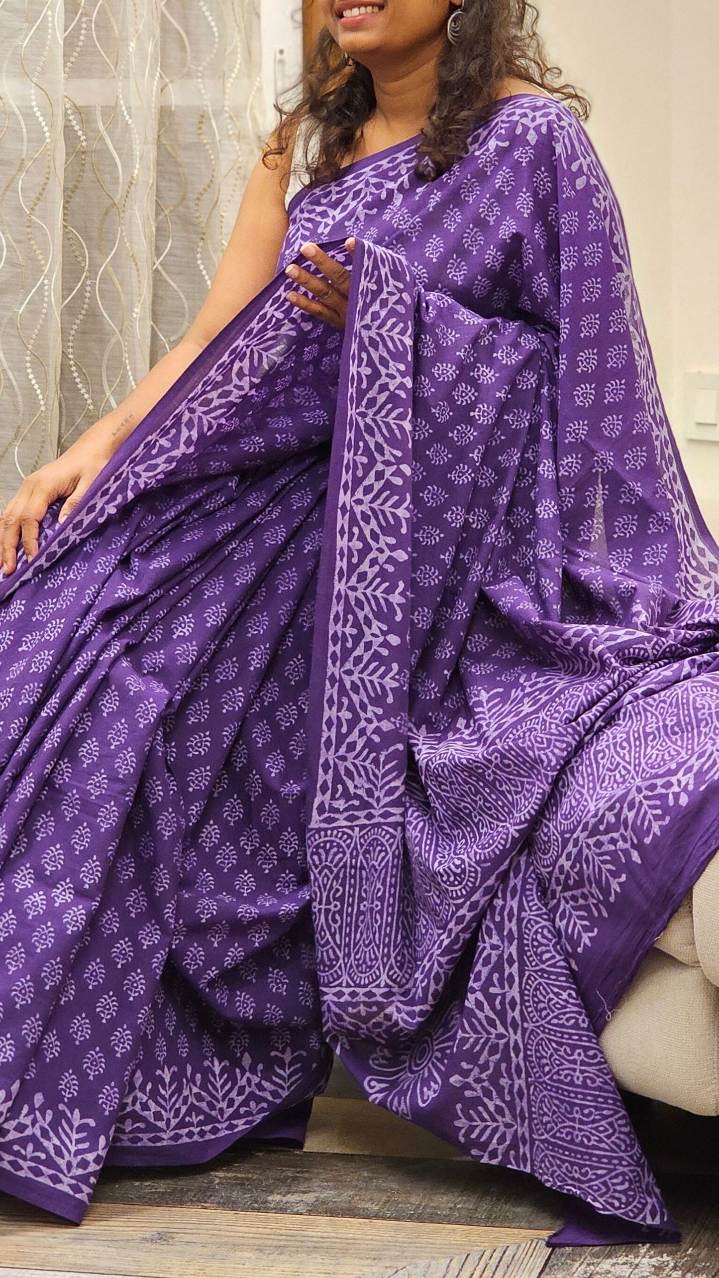 Mulmul cotton saree with Handblock prints - Purple Maze