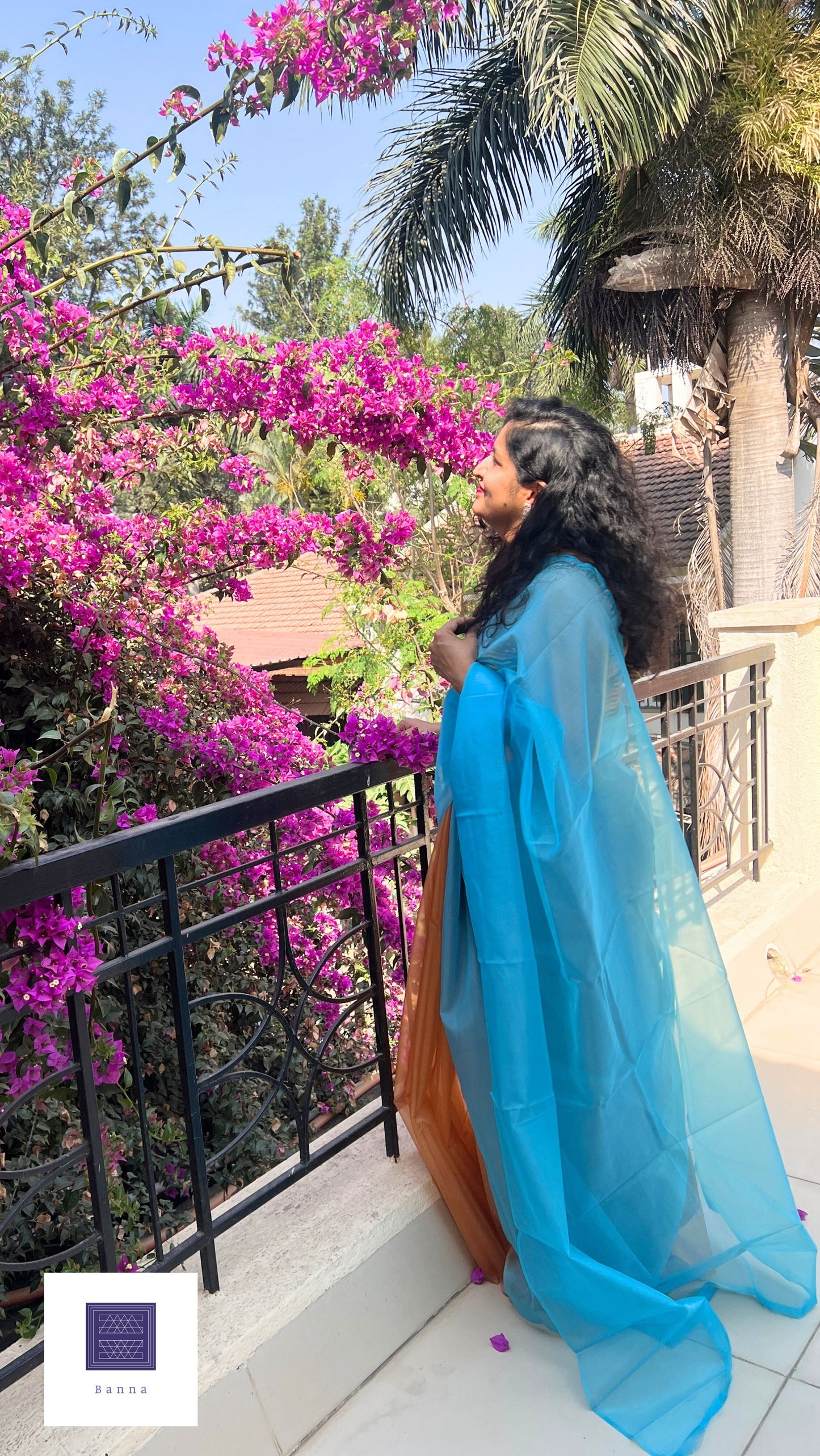 Another Kingfisher bird - Banna's signature organza saree in Blue and Orange