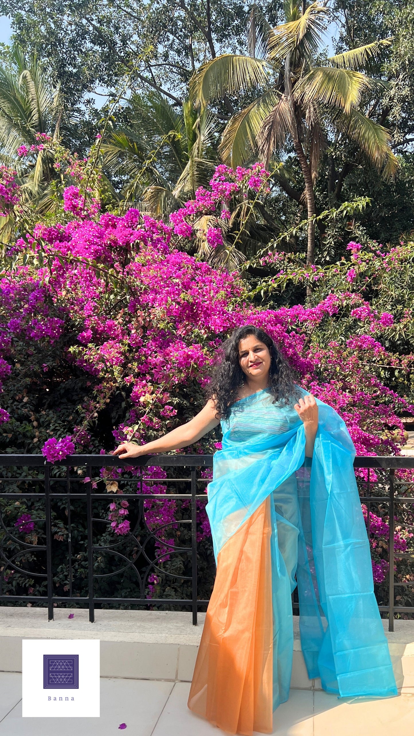 Another Kingfisher bird - Banna's signature organza saree in Blue and Orange