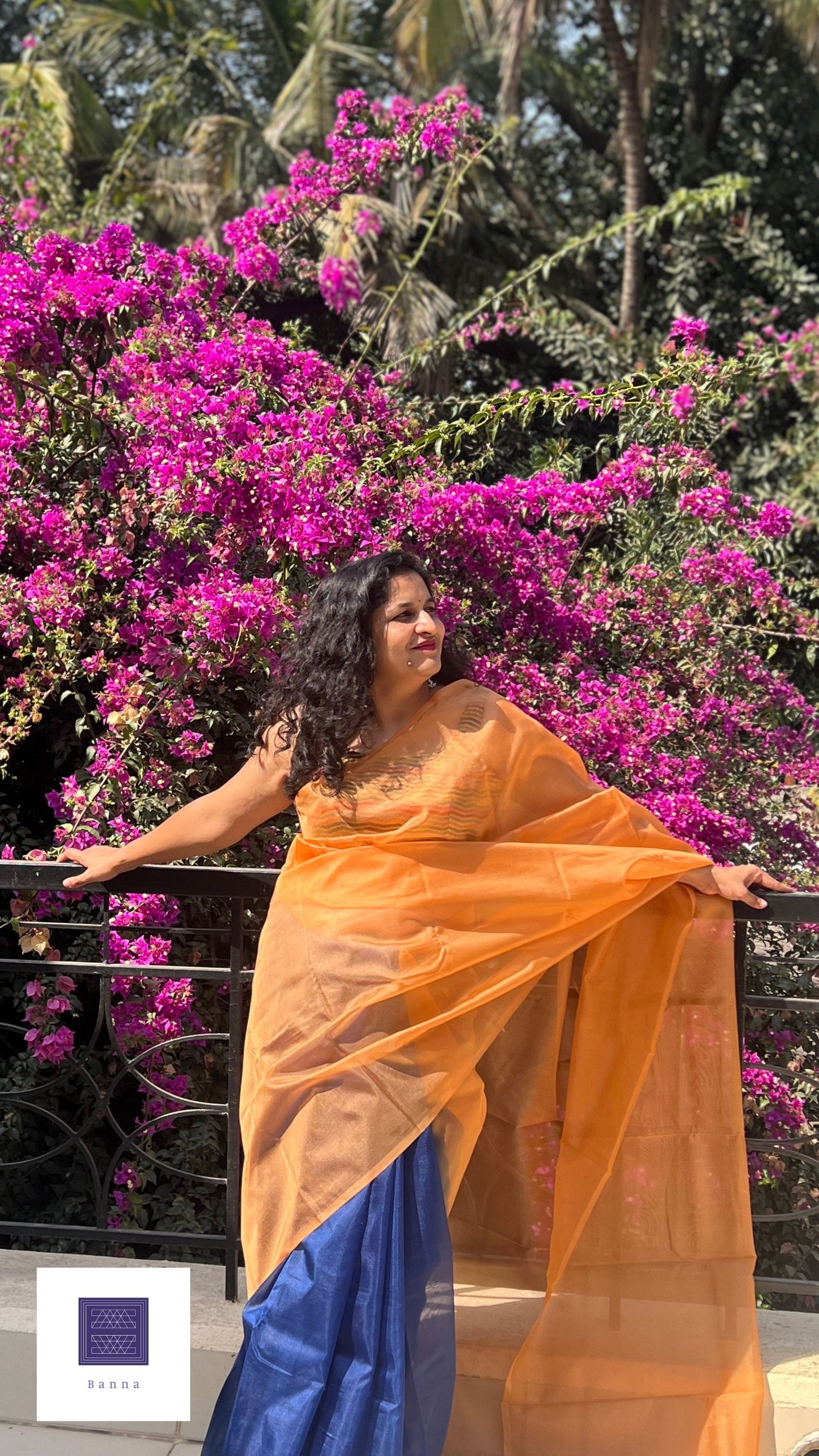 Navy Butterfly on Orange Flower - Banna's signature organza saree