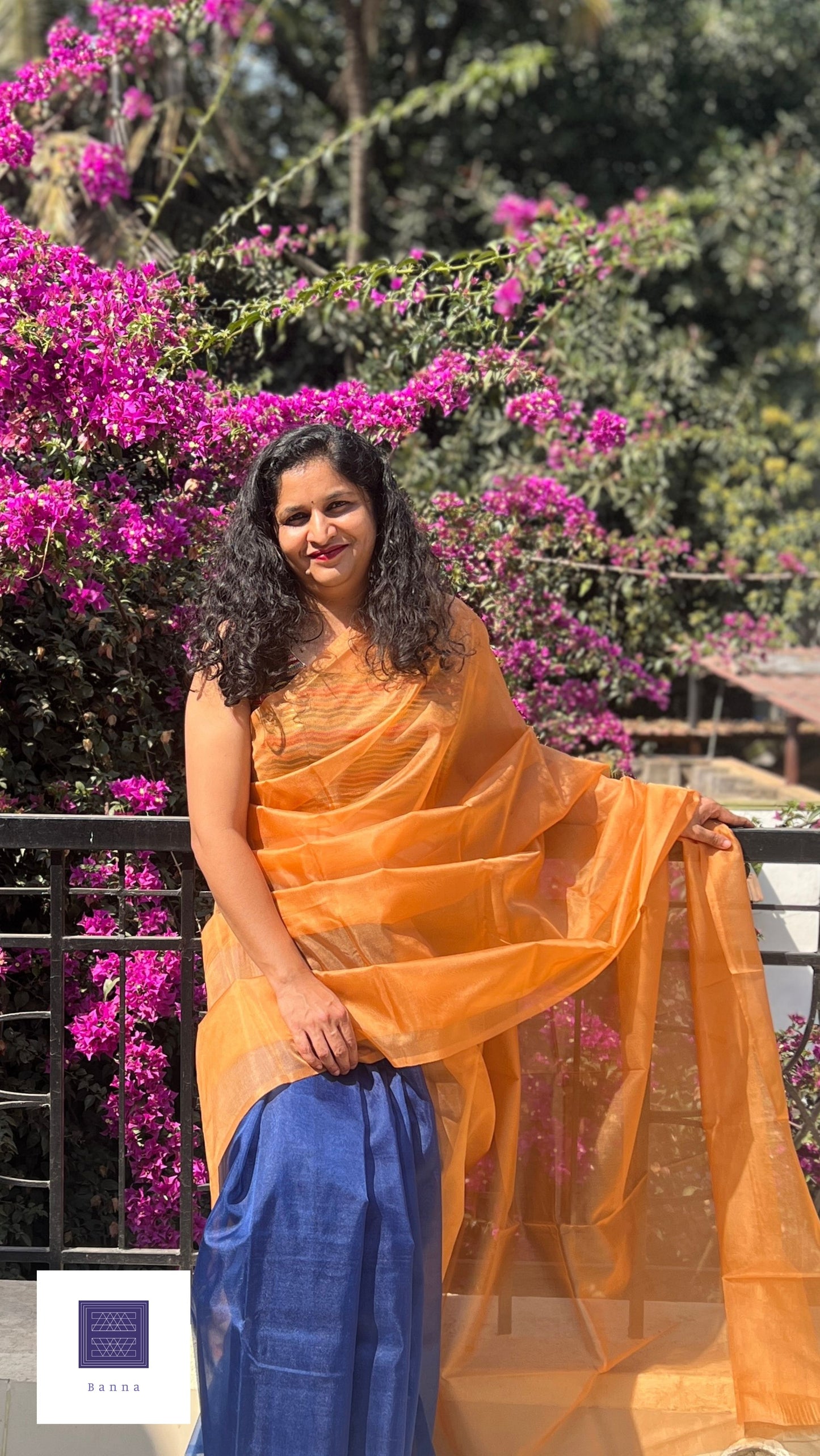 Navy Butterfly on Orange Flower - Banna's signature organza saree