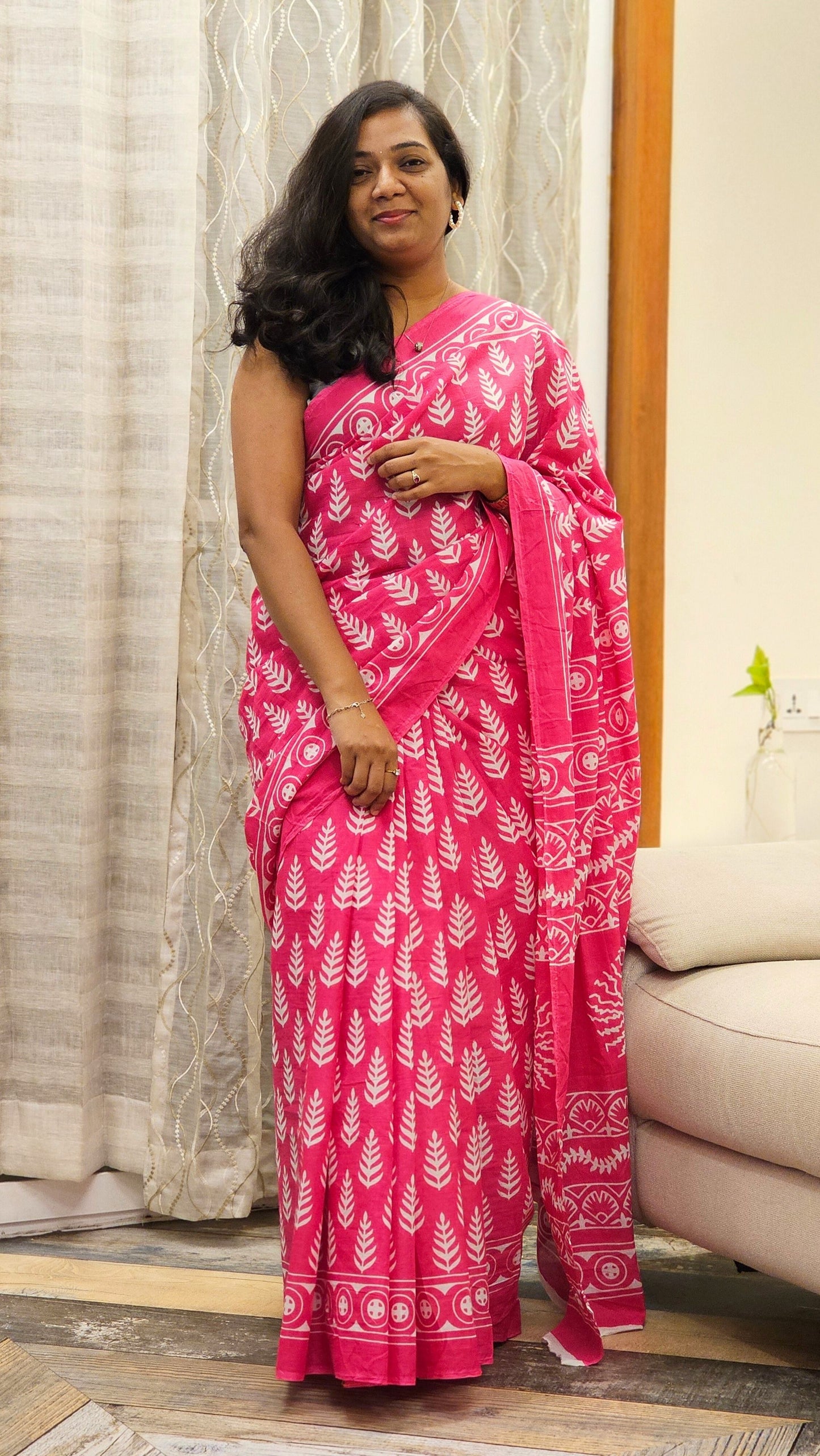 Bagru Prints Mulmul cotton saree - Pink