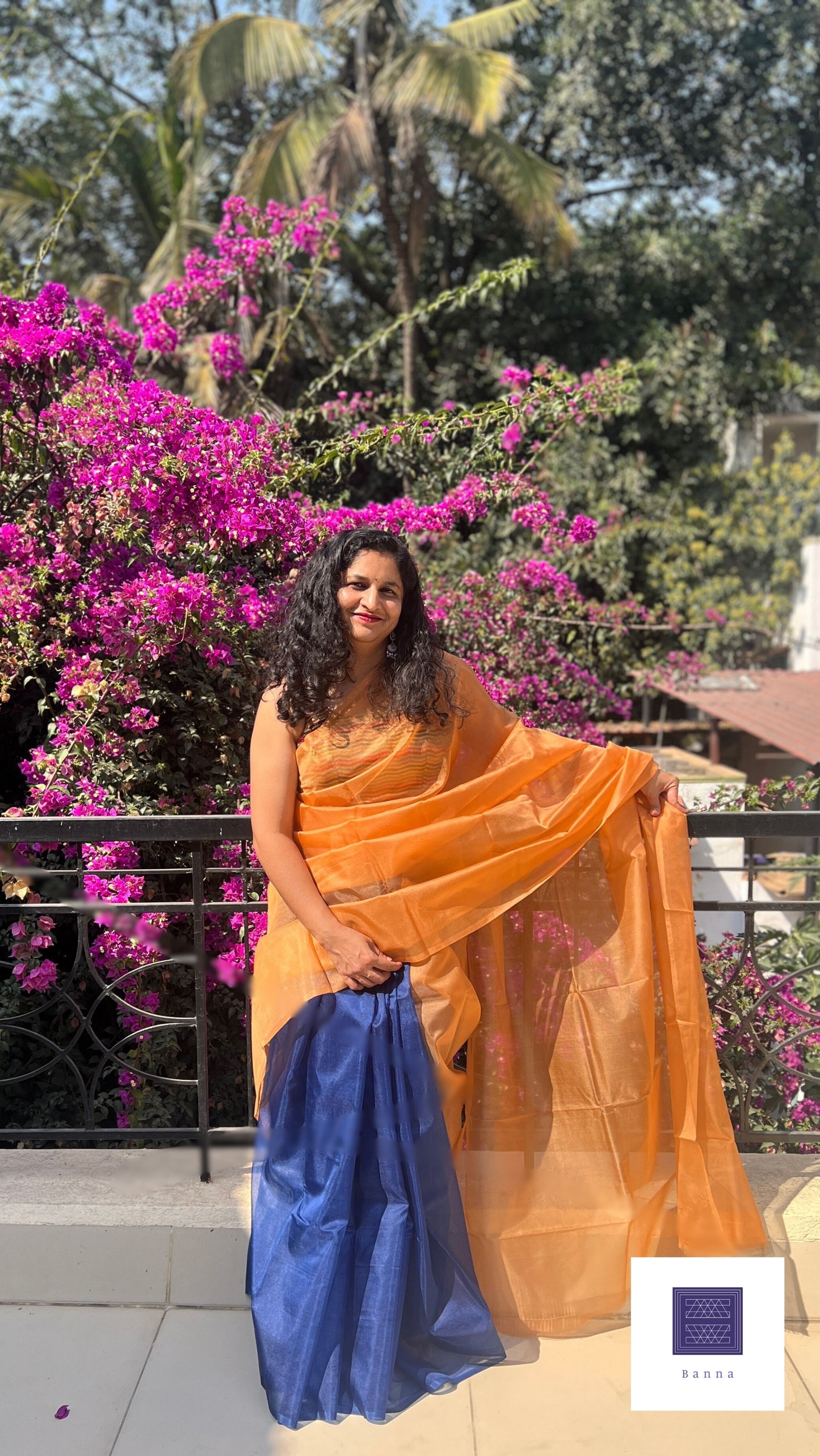 Navy Butterfly on Orange Flower - Banna's signature organza saree