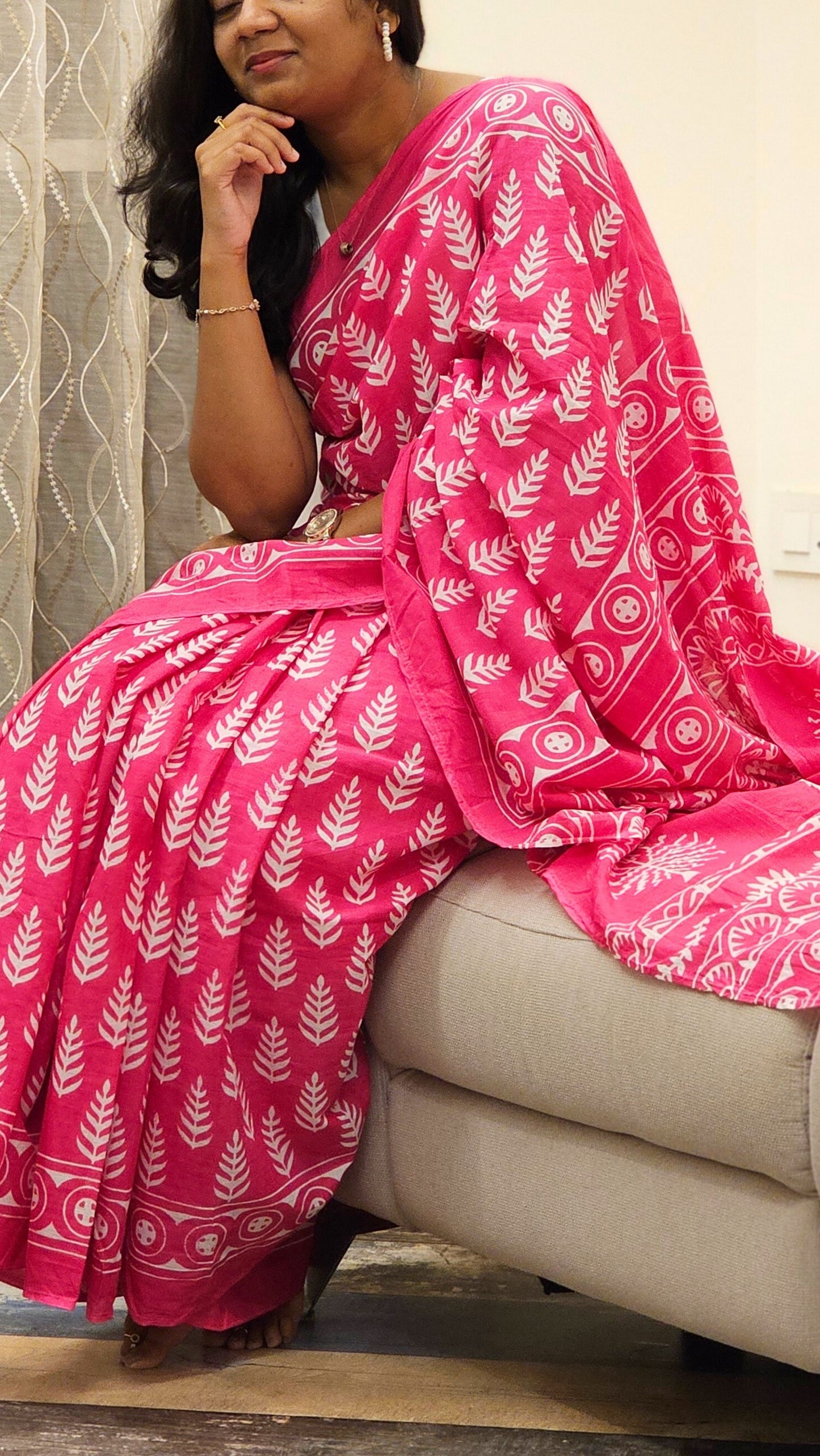 Bagru Prints Mulmul cotton saree - Pink