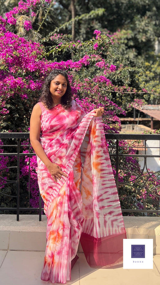 Maroon Cranberry Hibiscus - Banna's signature organza saree