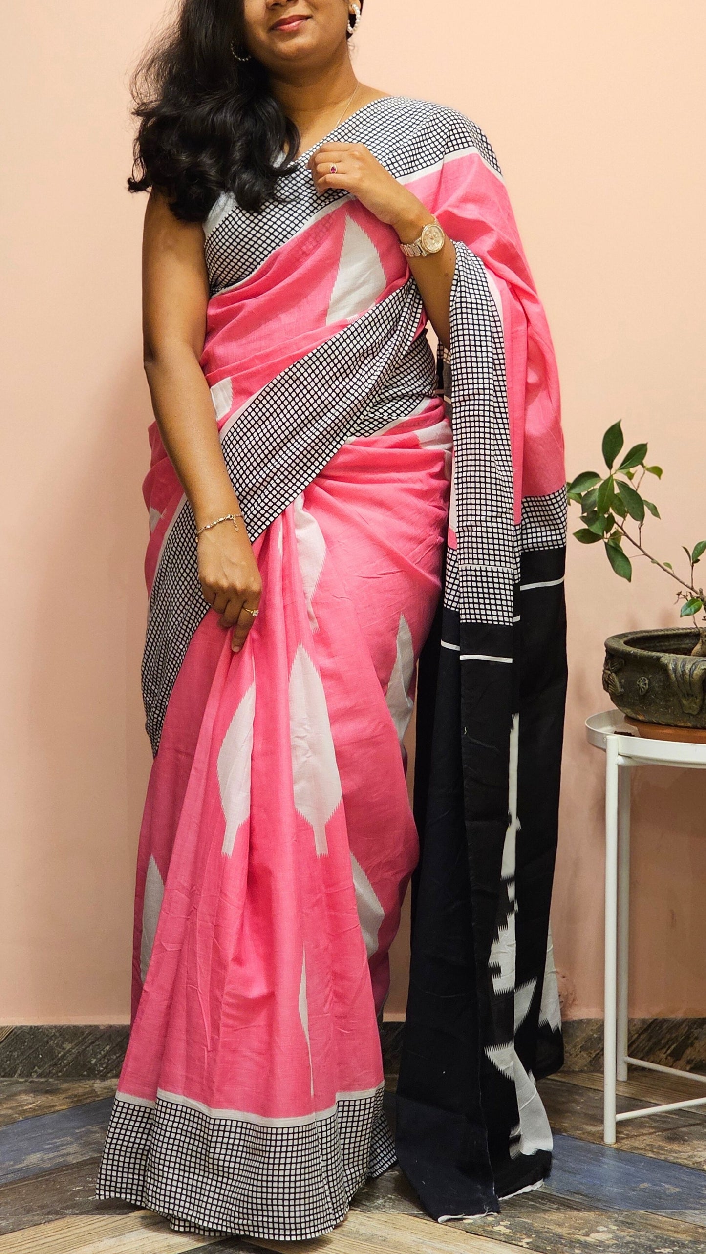 Bagru Prints Mulmul cotton saree - Pink, White and Black