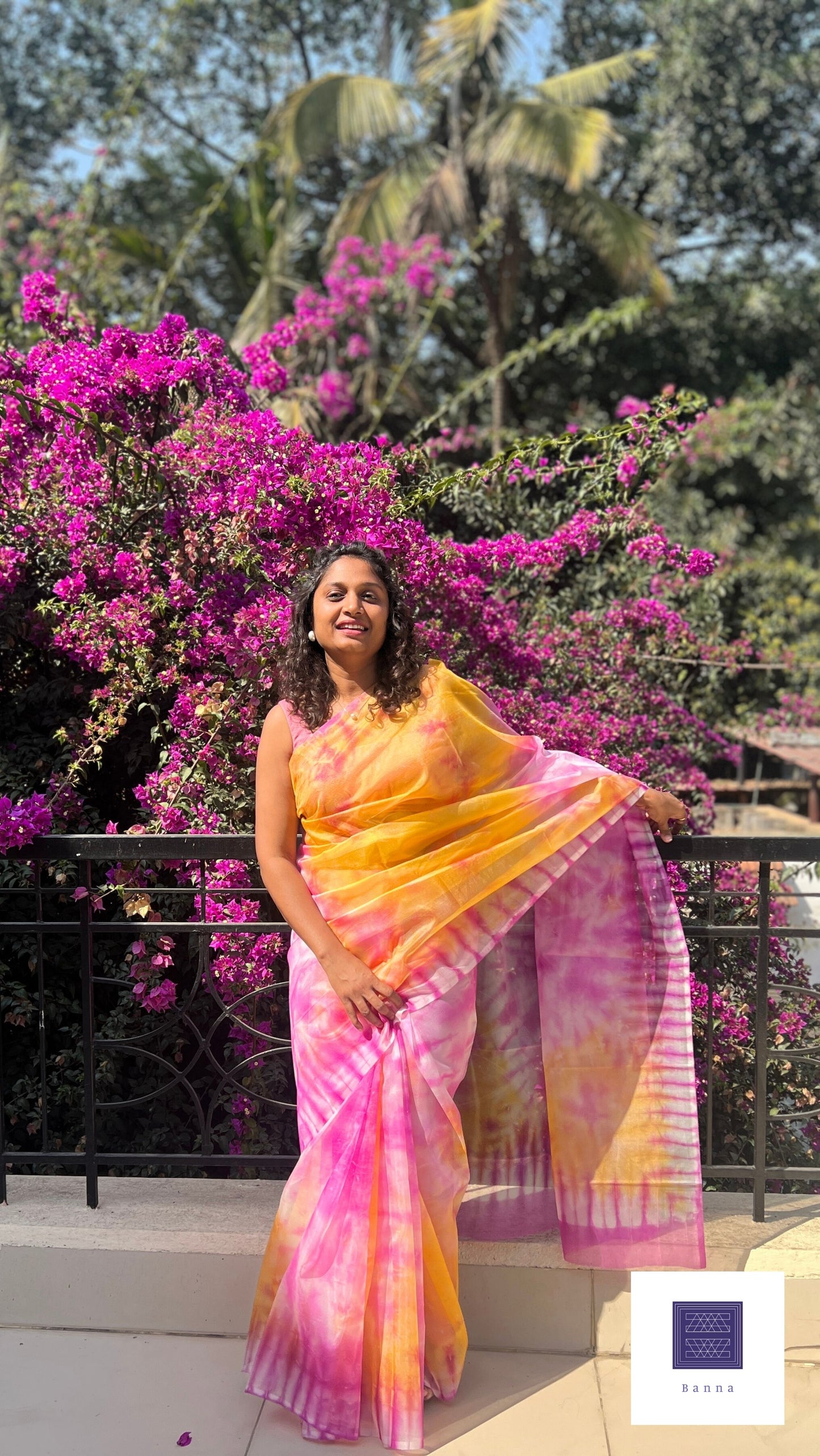 Yellow and Pink Hibiscus - Banna's signature organza saree