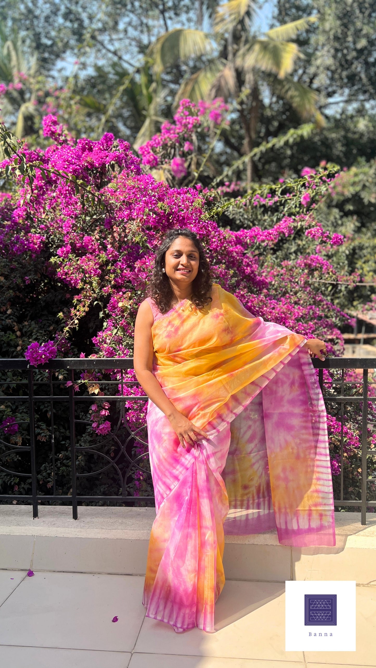 Yellow and Pink Hibiscus - Banna's signature organza saree