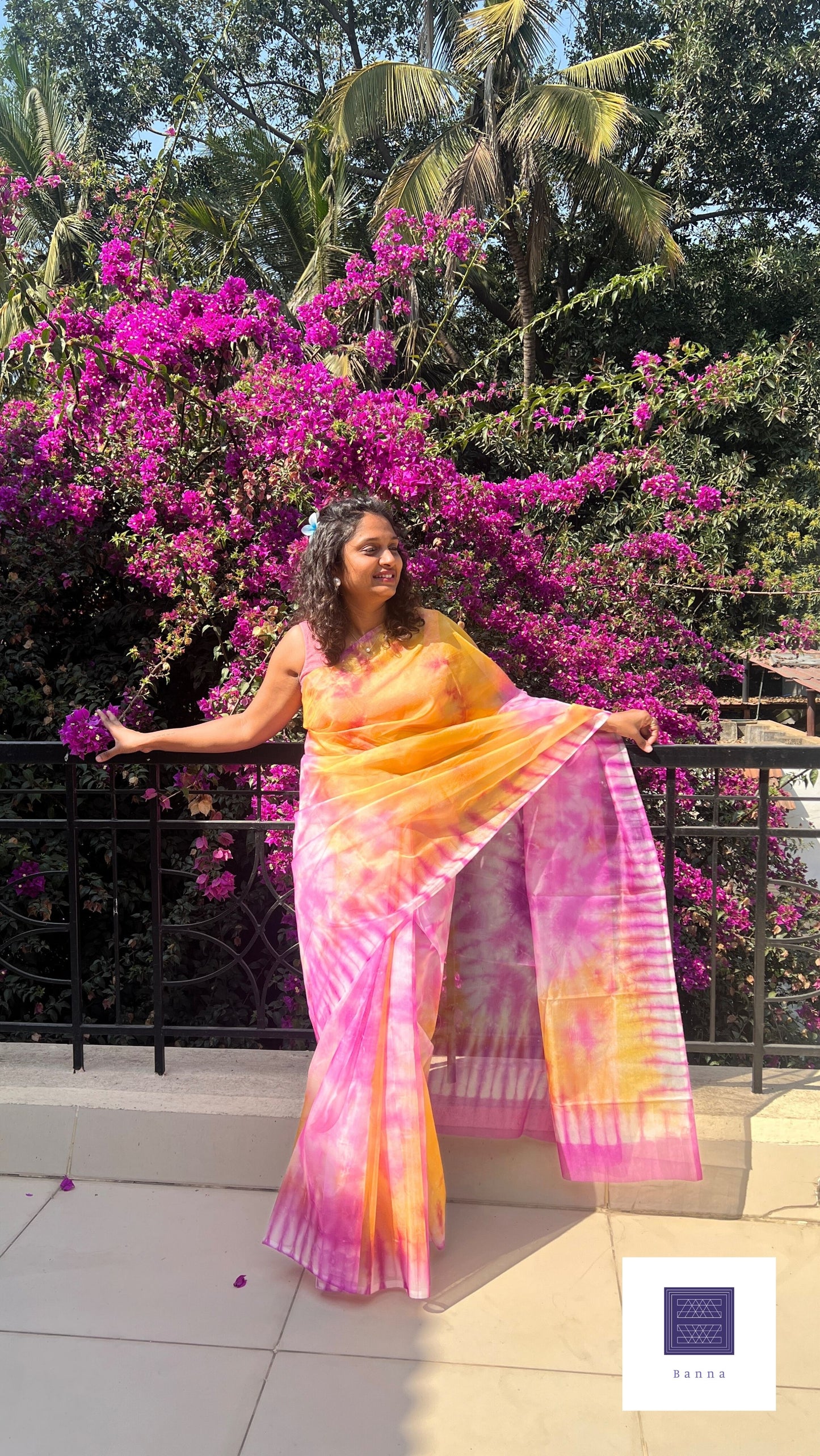 Yellow and Pink Hibiscus - Banna's signature organza saree