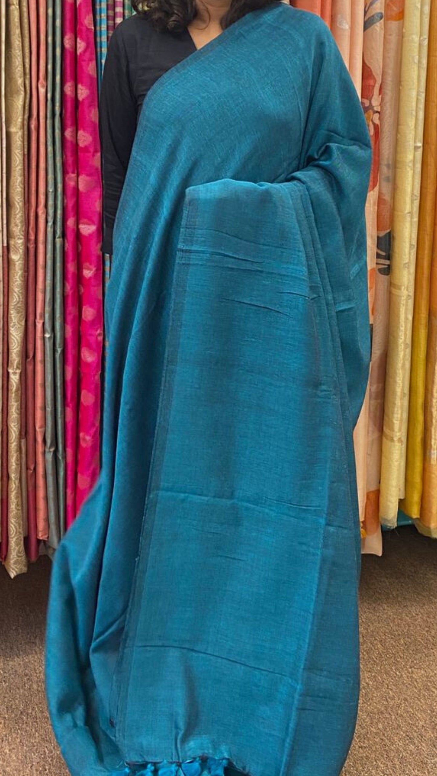 Soft Solid Cotton saree - Greenish Blue