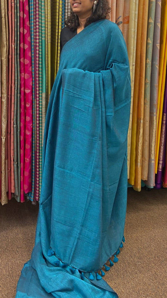 Soft Solid Cotton saree - Greenish Blue