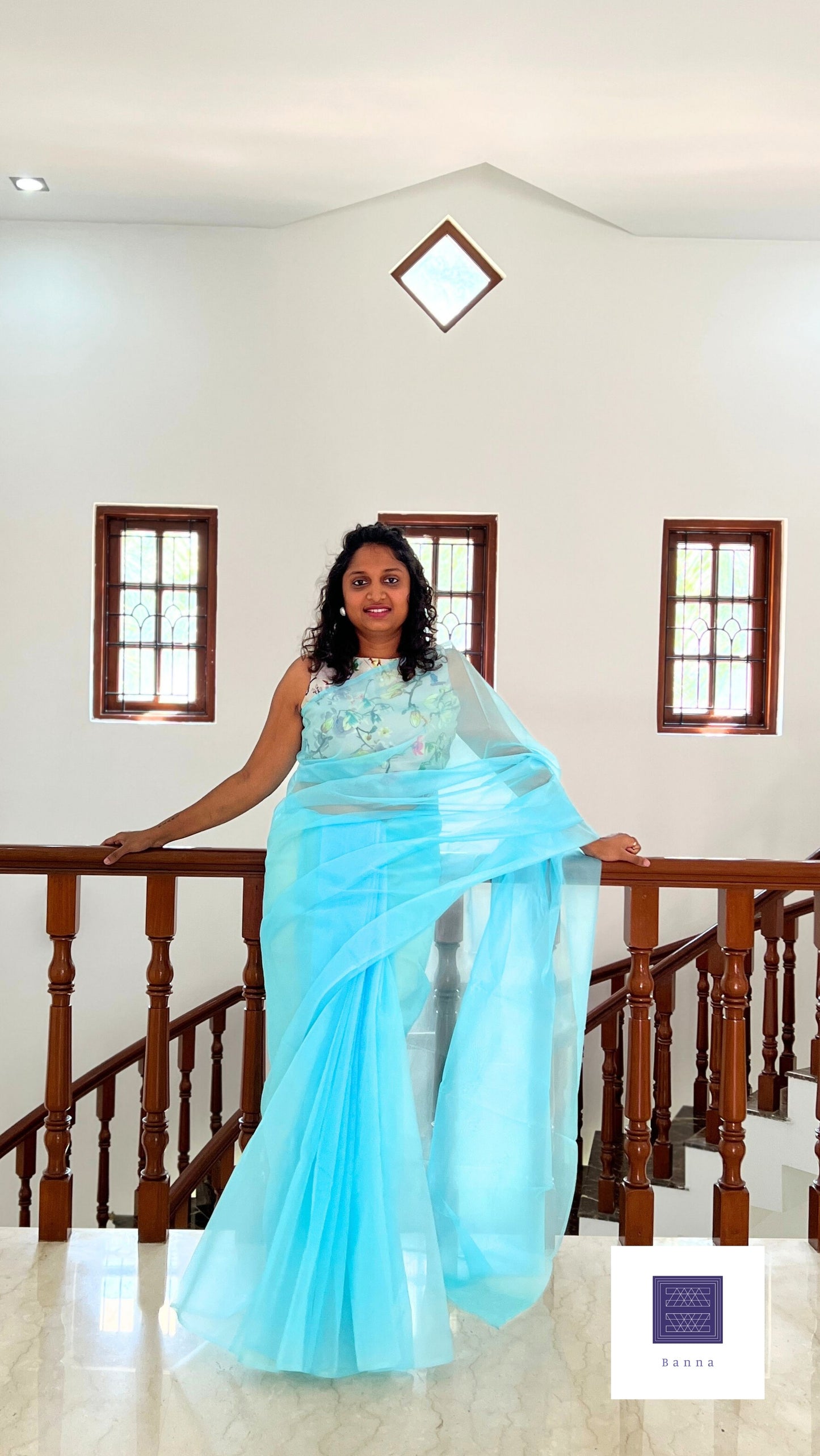 Sky Blue - Banna's signature solid organza saree