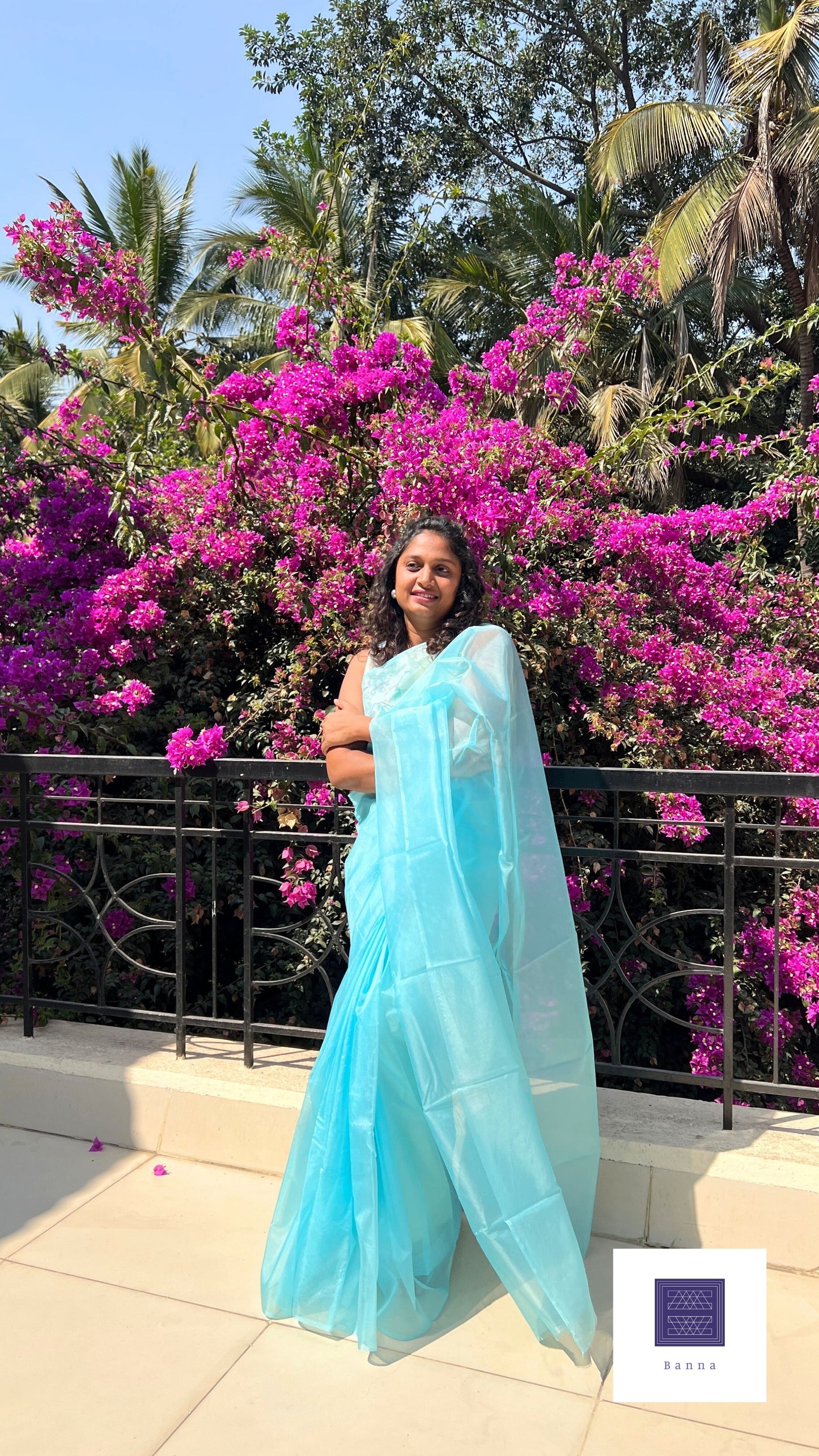 Sky Blue - Banna's signature solid organza saree