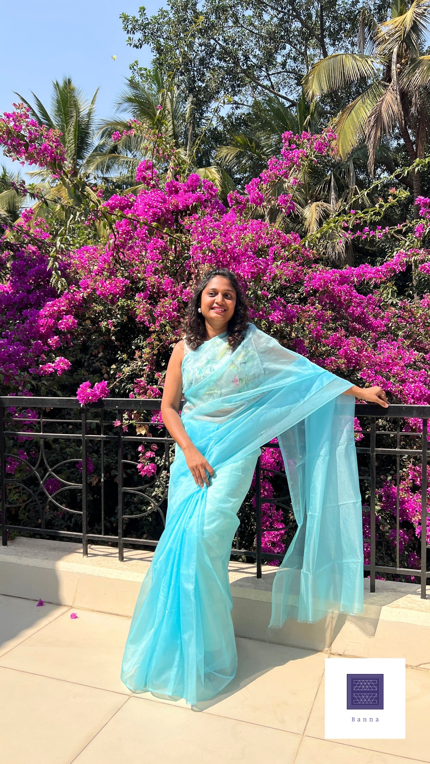 Sky Blue - Banna's signature solid organza saree