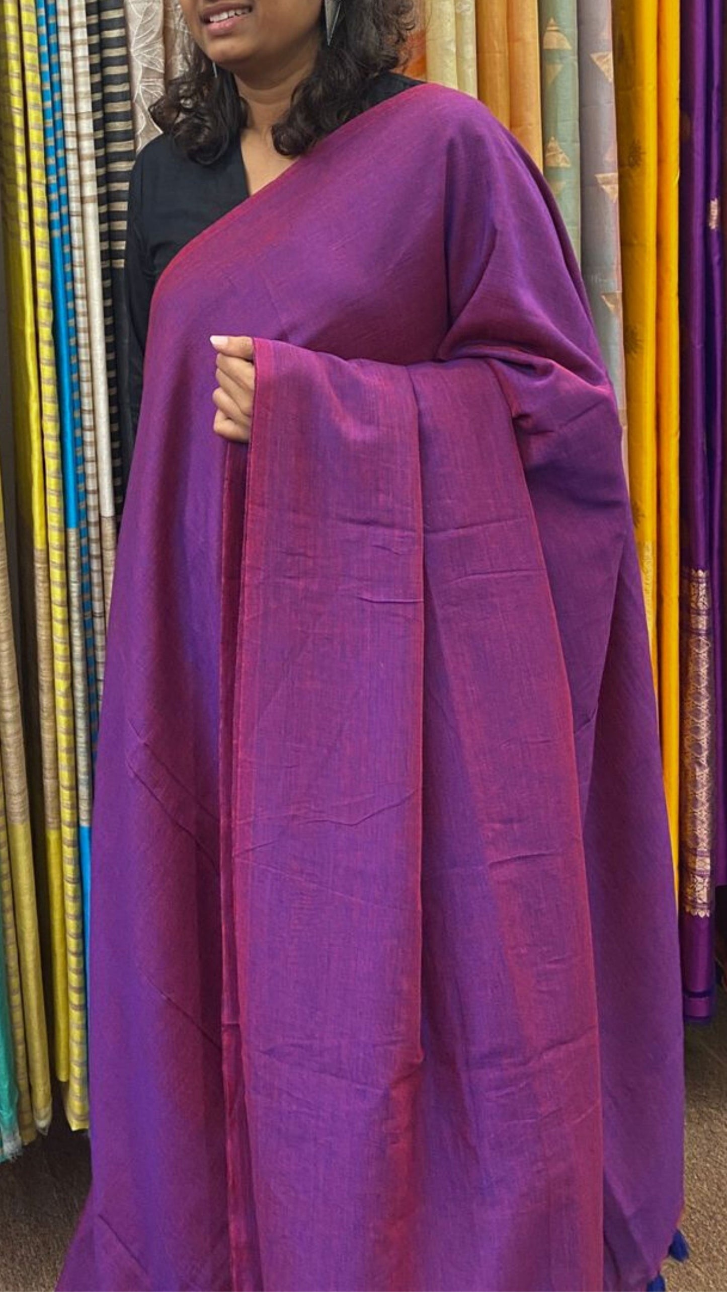 Soft Solid Contrast Cotton saree - Dark Magenta and Blue