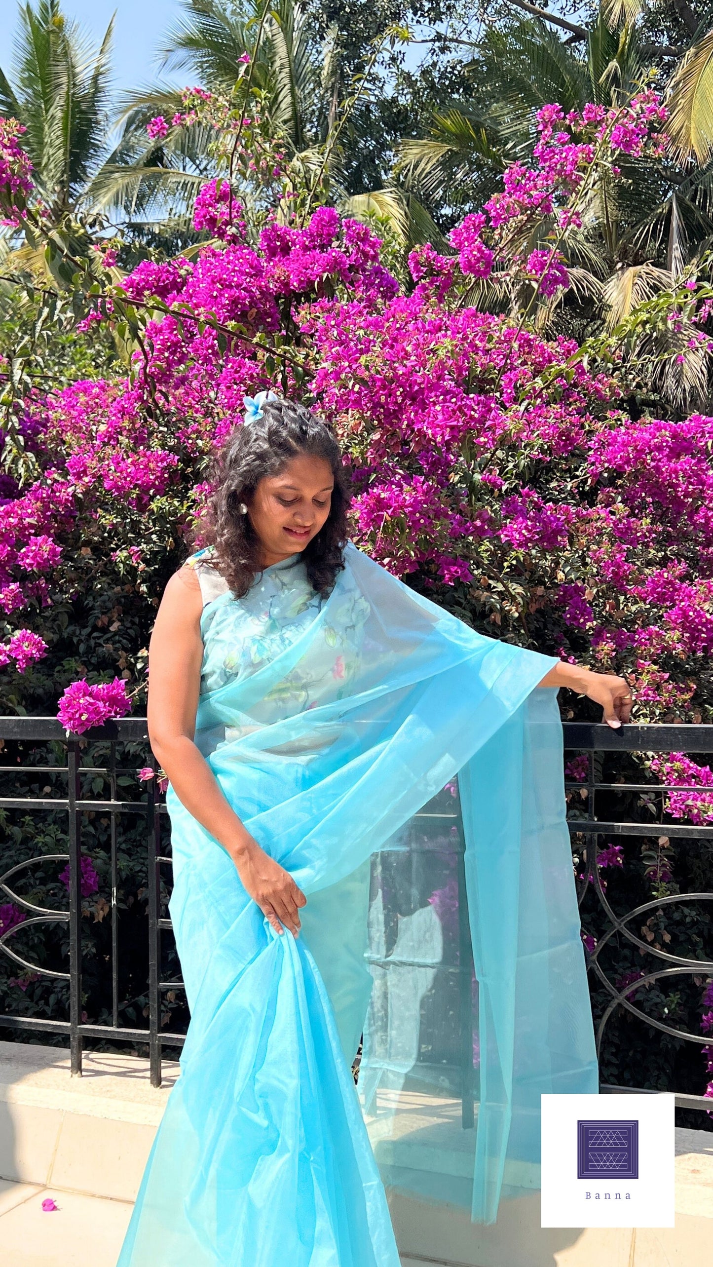 Sky Blue - Banna's signature solid organza saree