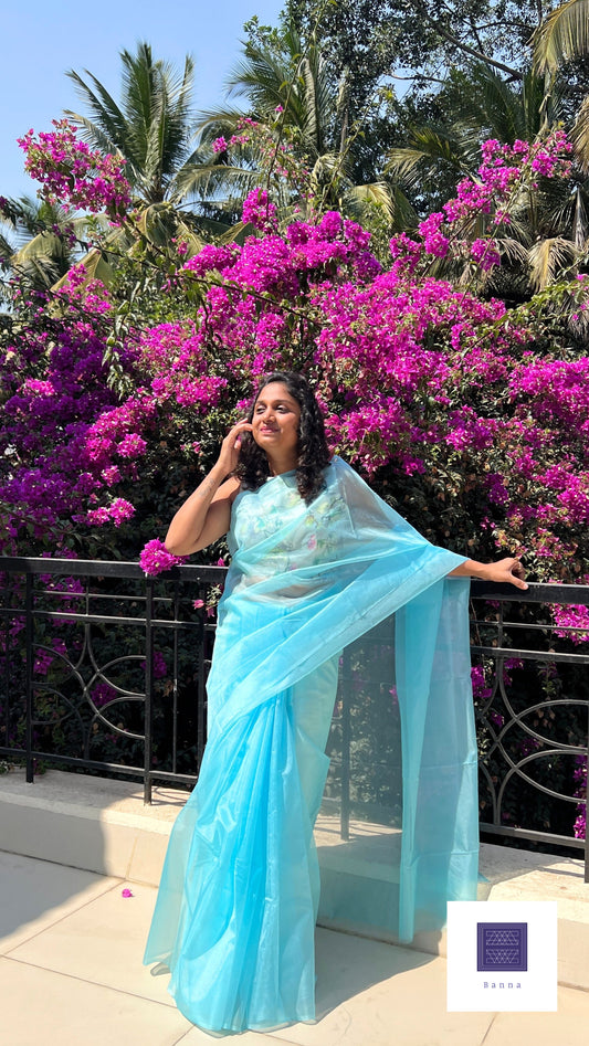 Sky Blue - Banna's signature solid organza saree