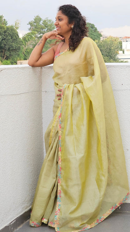 Shimmering Evening Crush Tissue Saree - Lime Green