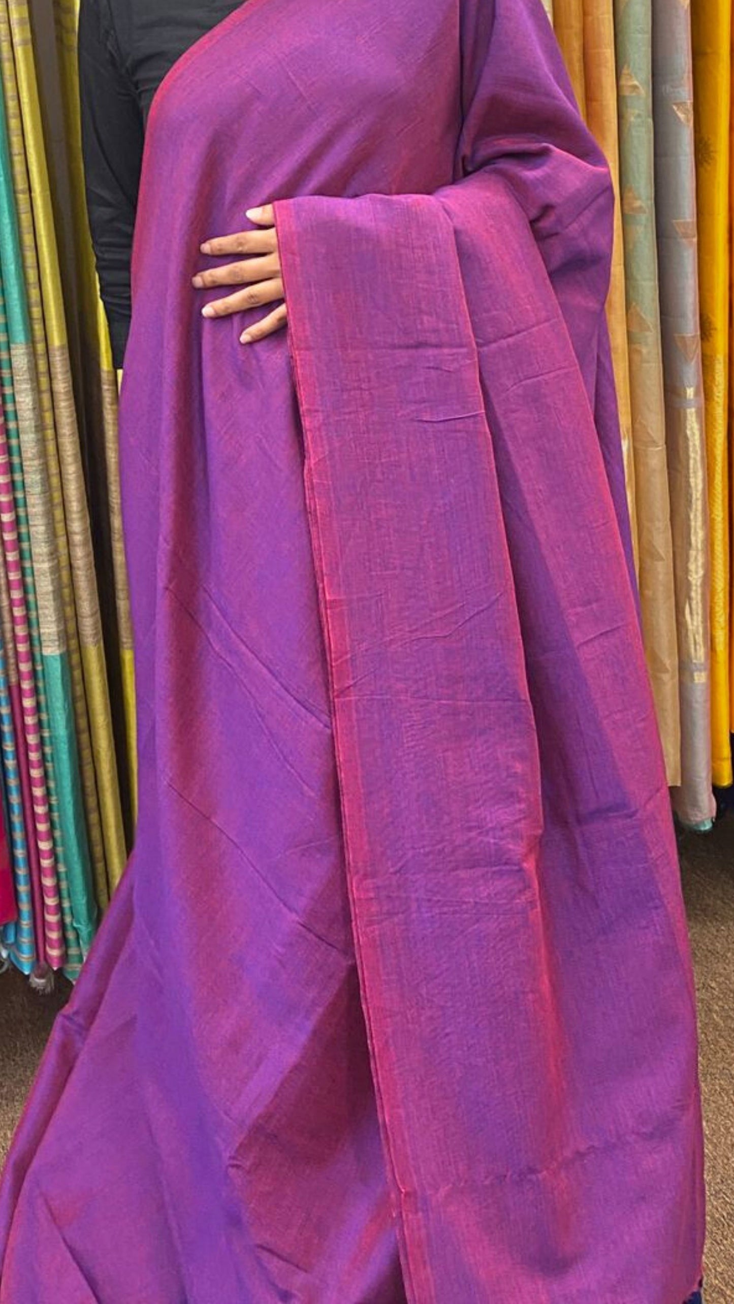 Soft Solid Contrast Cotton saree - Dark Magenta and Blue