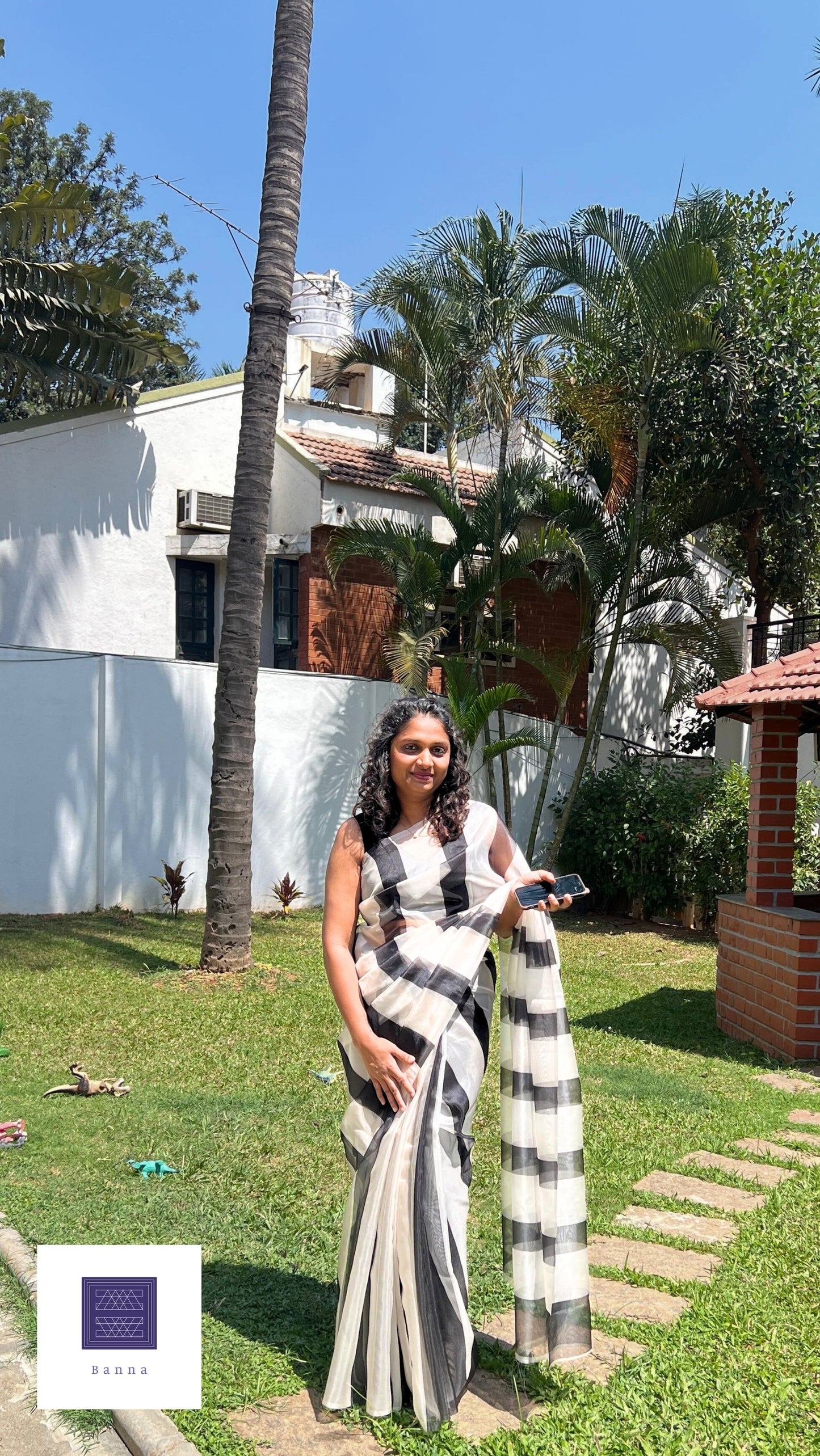 Zebra Black and White Vertical lines - Banna's signature organza saree