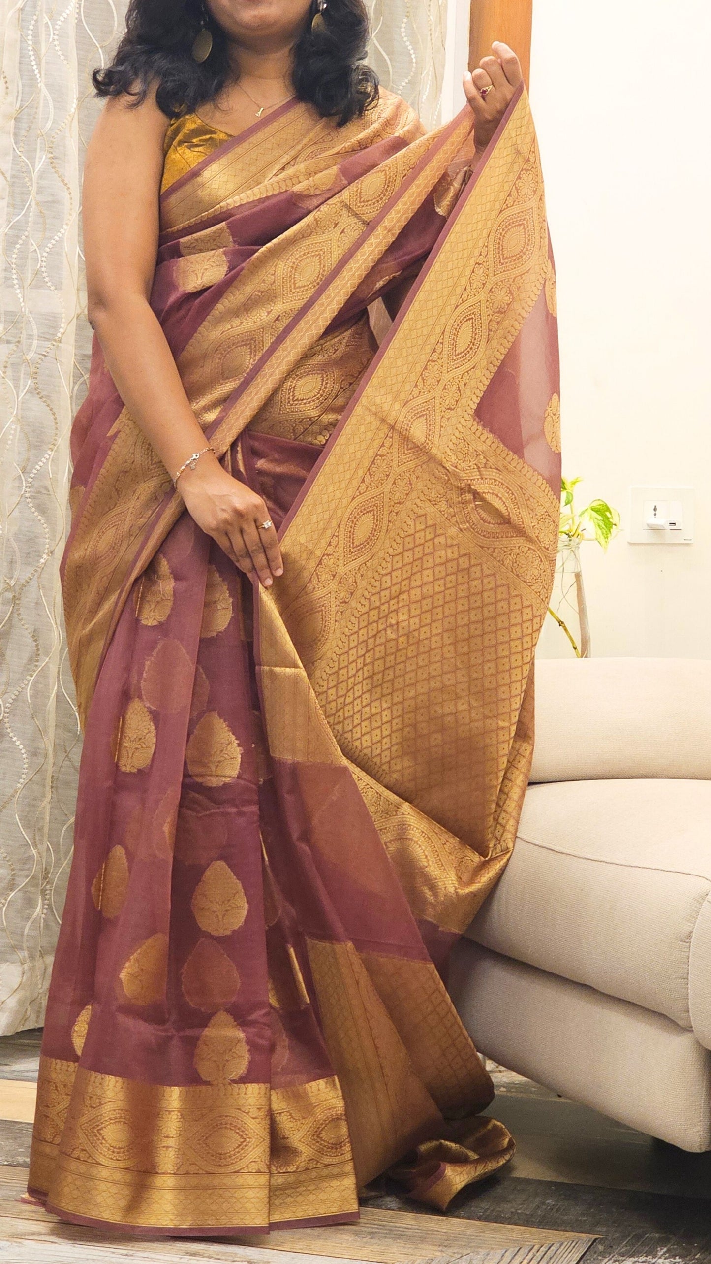 Traditional Banarasi Weave in Kora Saree - Plum