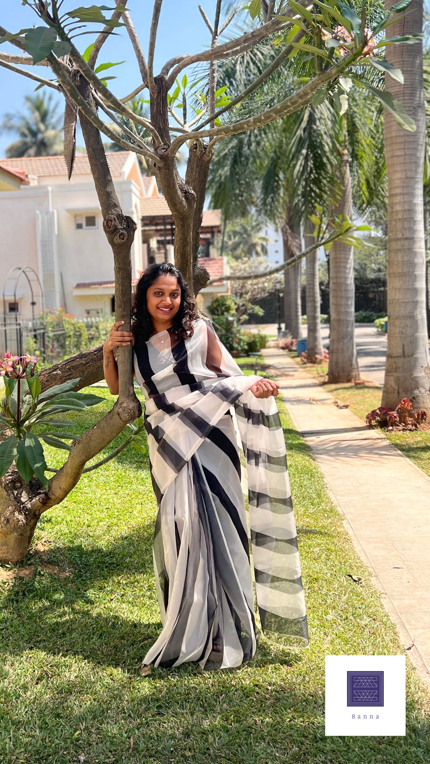 Zebra Black and White Vertical lines - Banna's signature organza saree