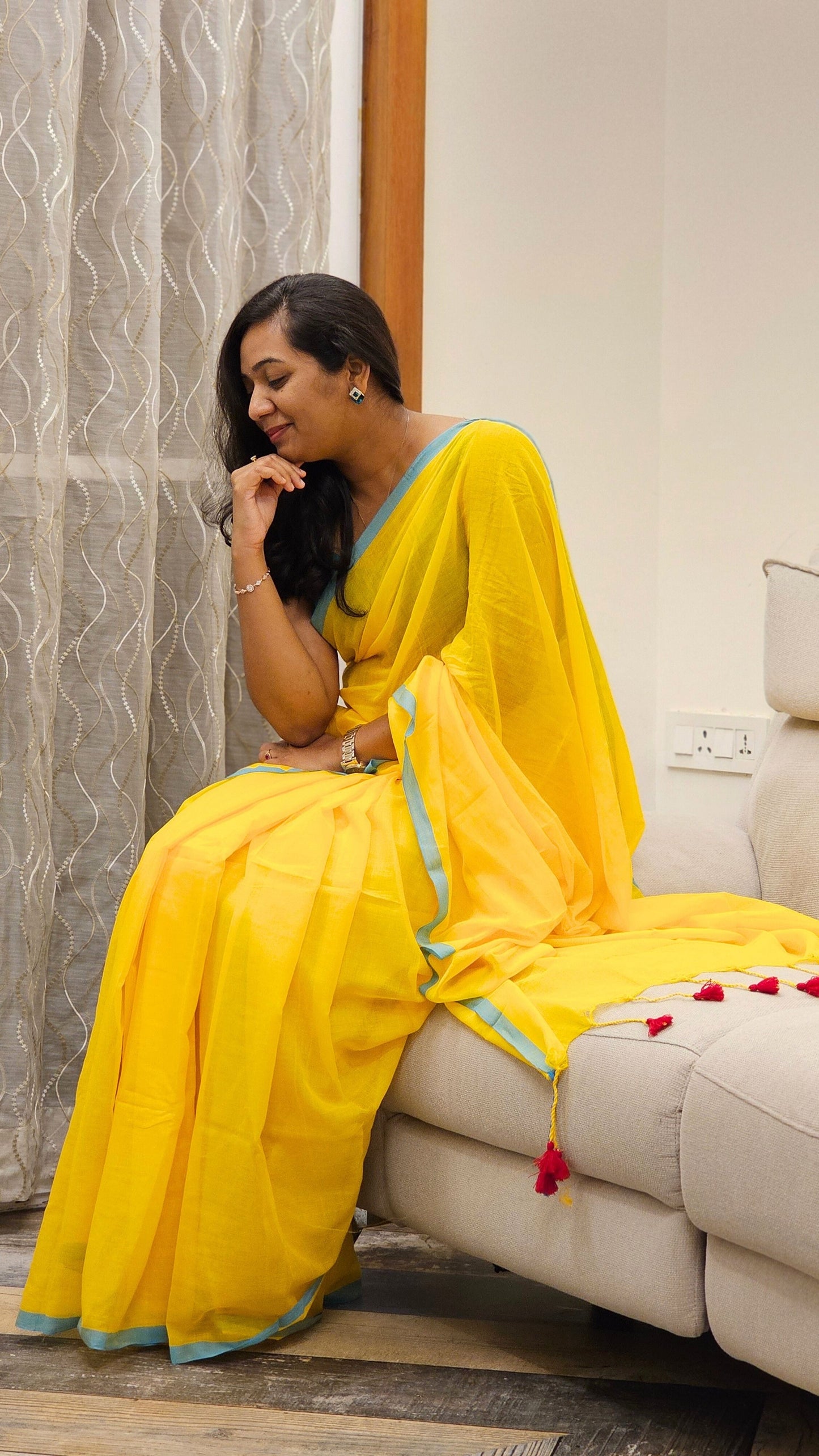 Soft Solid Mulmul Cotton saree - Yellow with Blue border