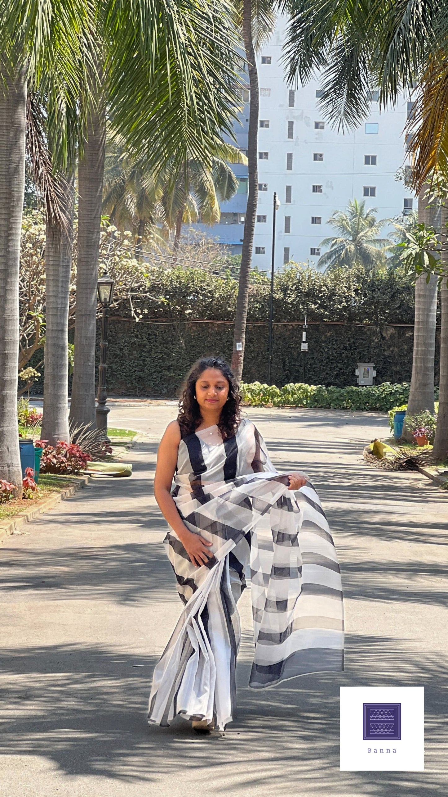 Zebra Black and White Vertical lines - Banna's signature organza saree