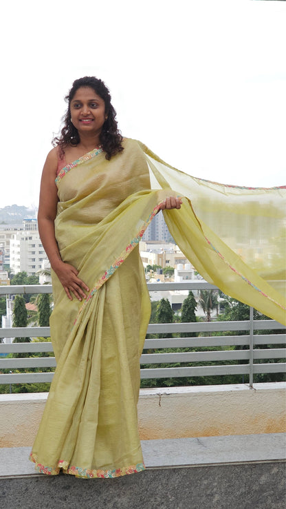 Shimmering Evening Crush Tissue Saree - Lime Green