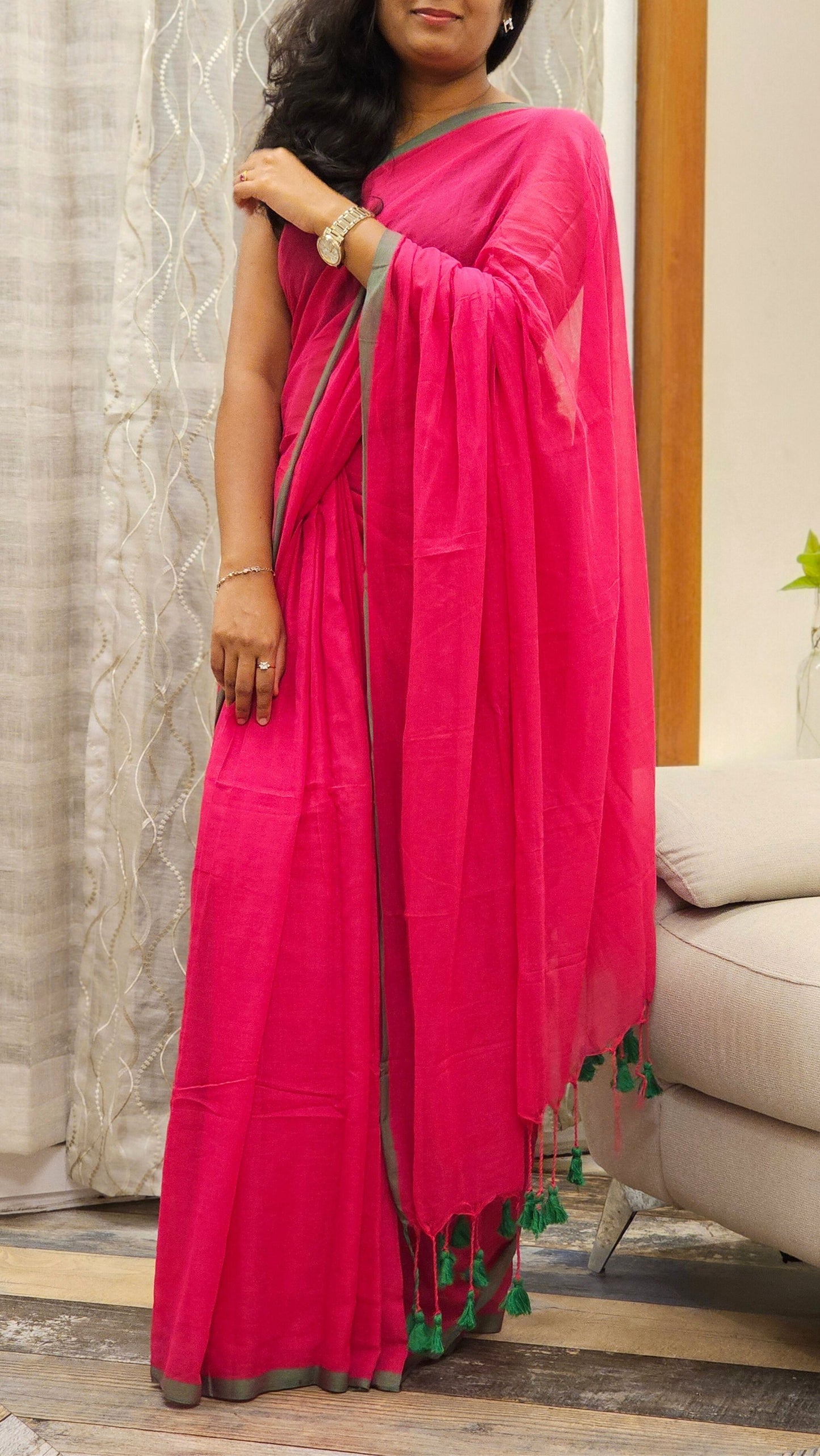 Soft Solid Mulmul Cotton saree - Dark pink with green border