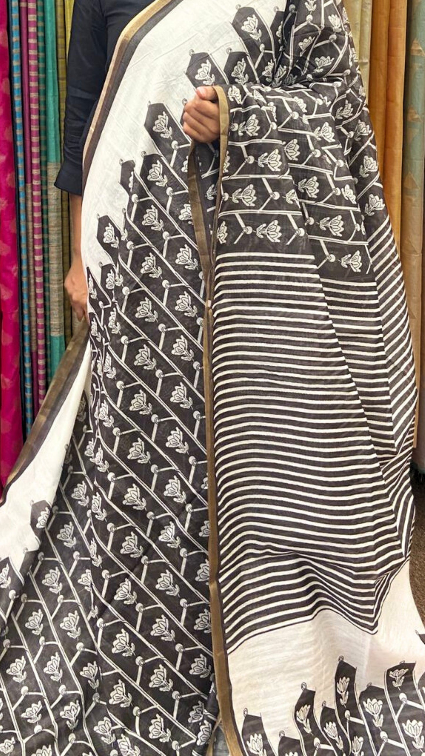 Chanderi Cotton printed saree - Black and White