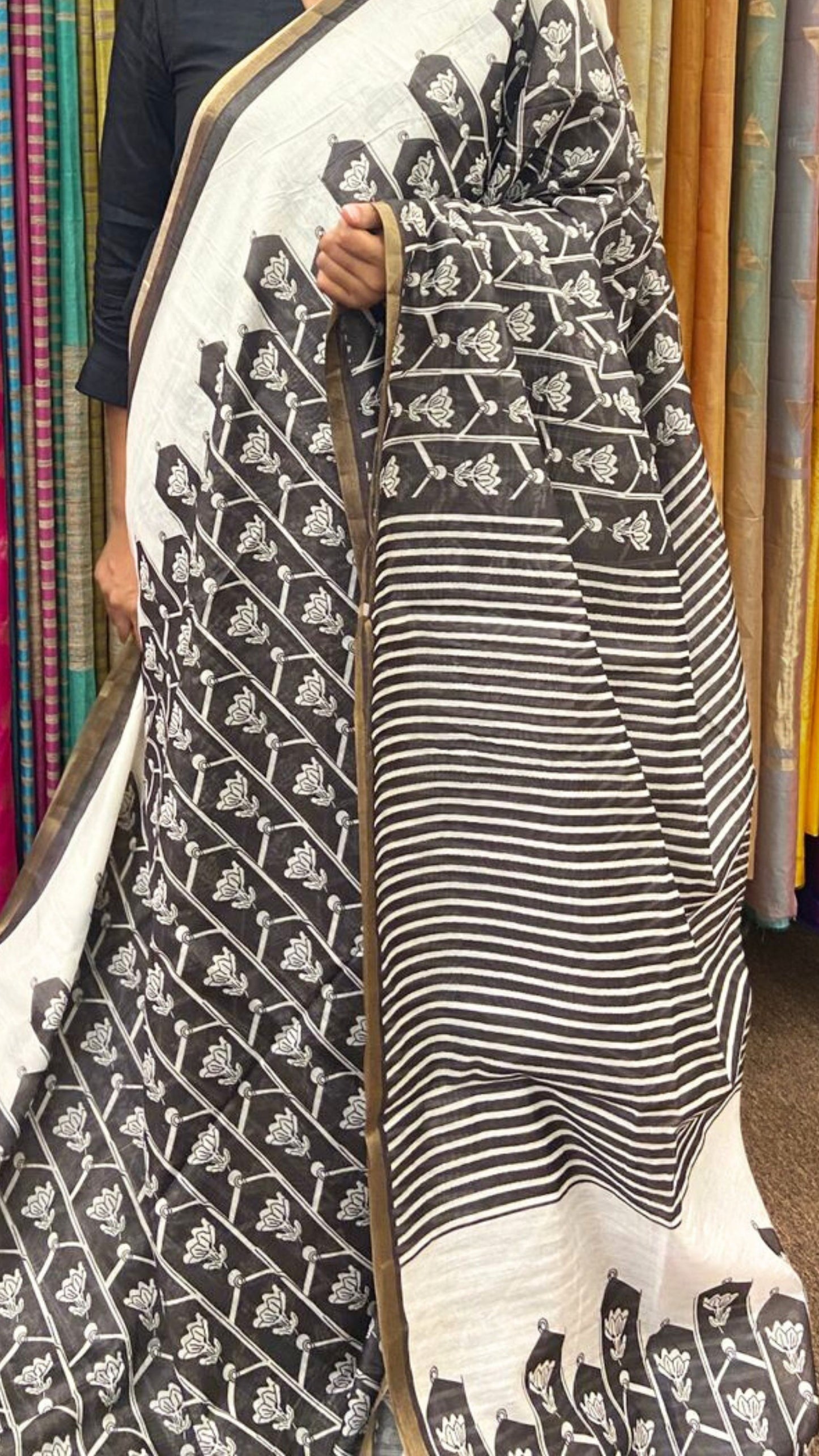 Chanderi Cotton printed saree - Black and White