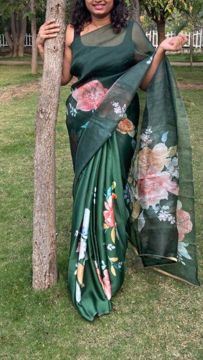 Half and half finest pure Kora Silk and satin saree - Green