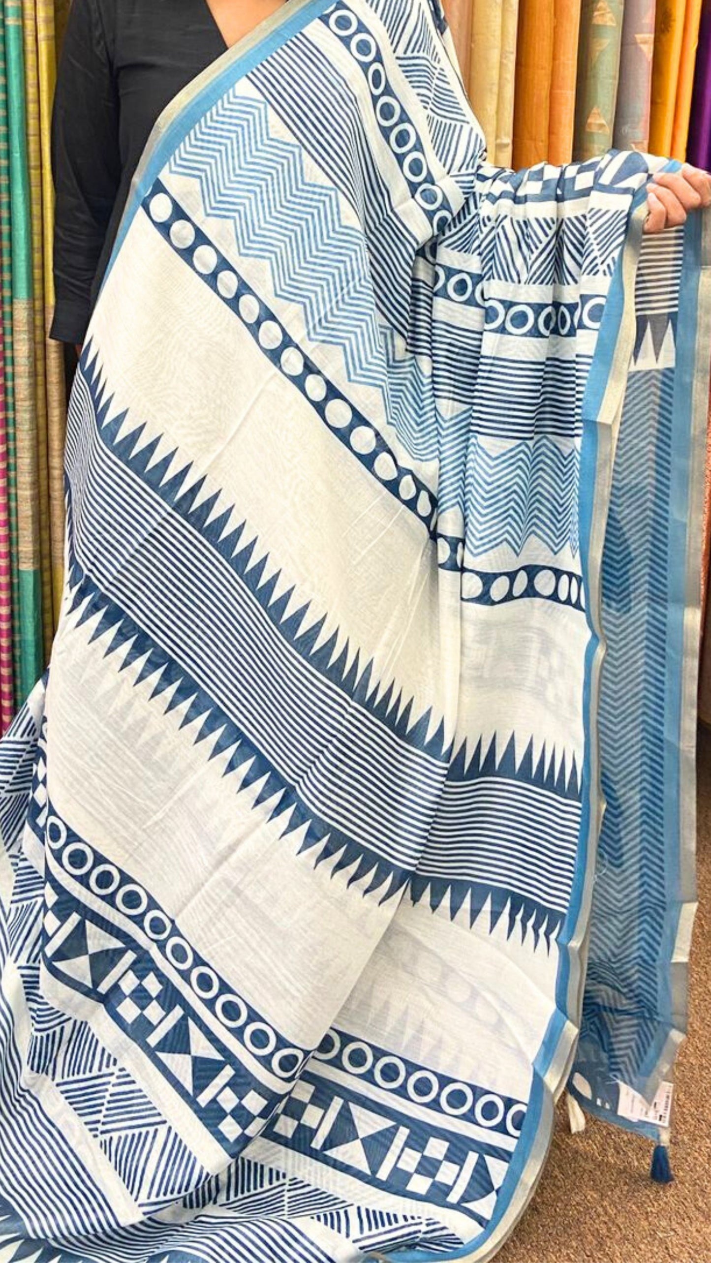 Chanderi Cotton printed saree - White