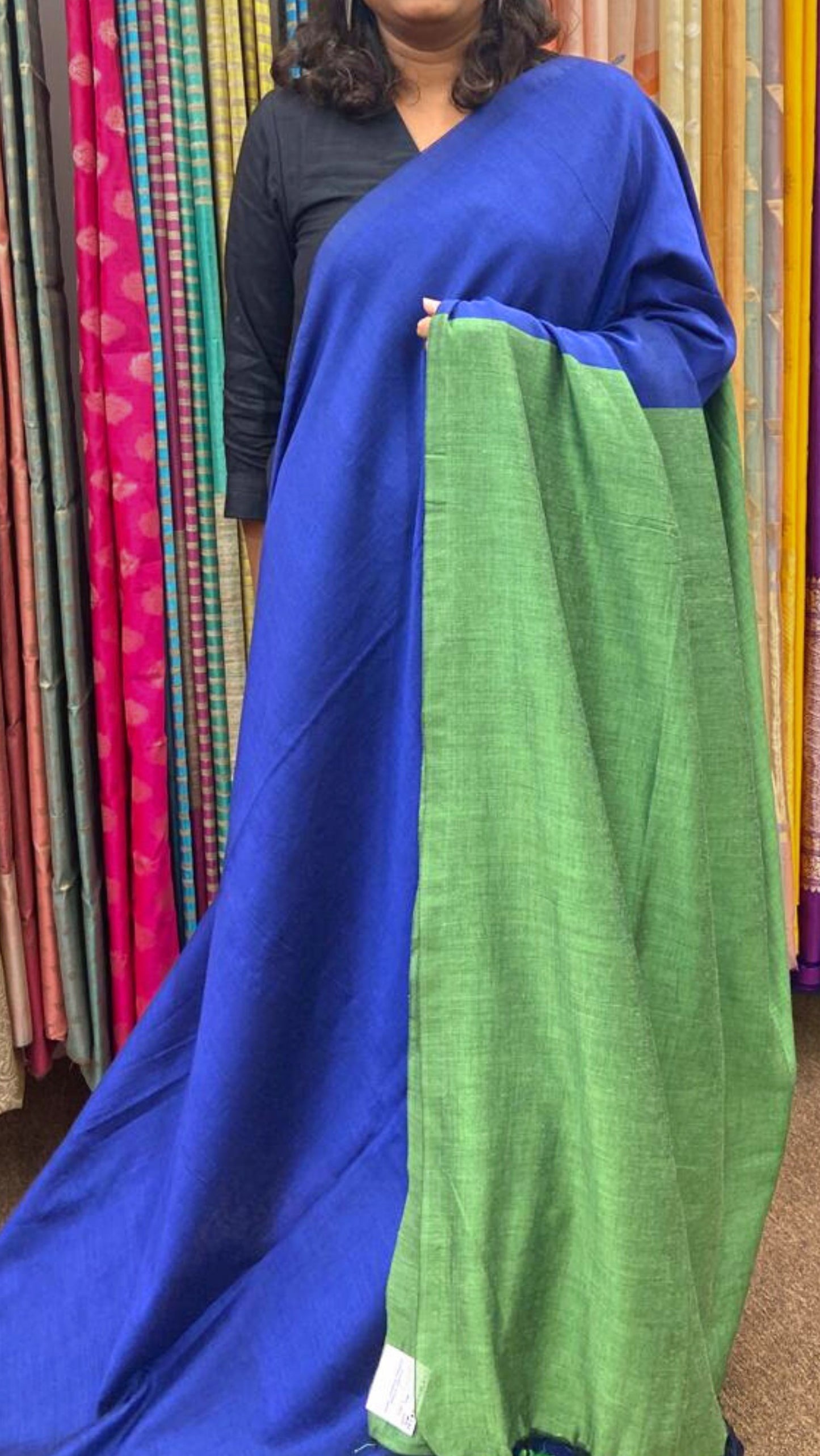 Soft Solid Contrast Cotton saree - Green and Peacock Blue