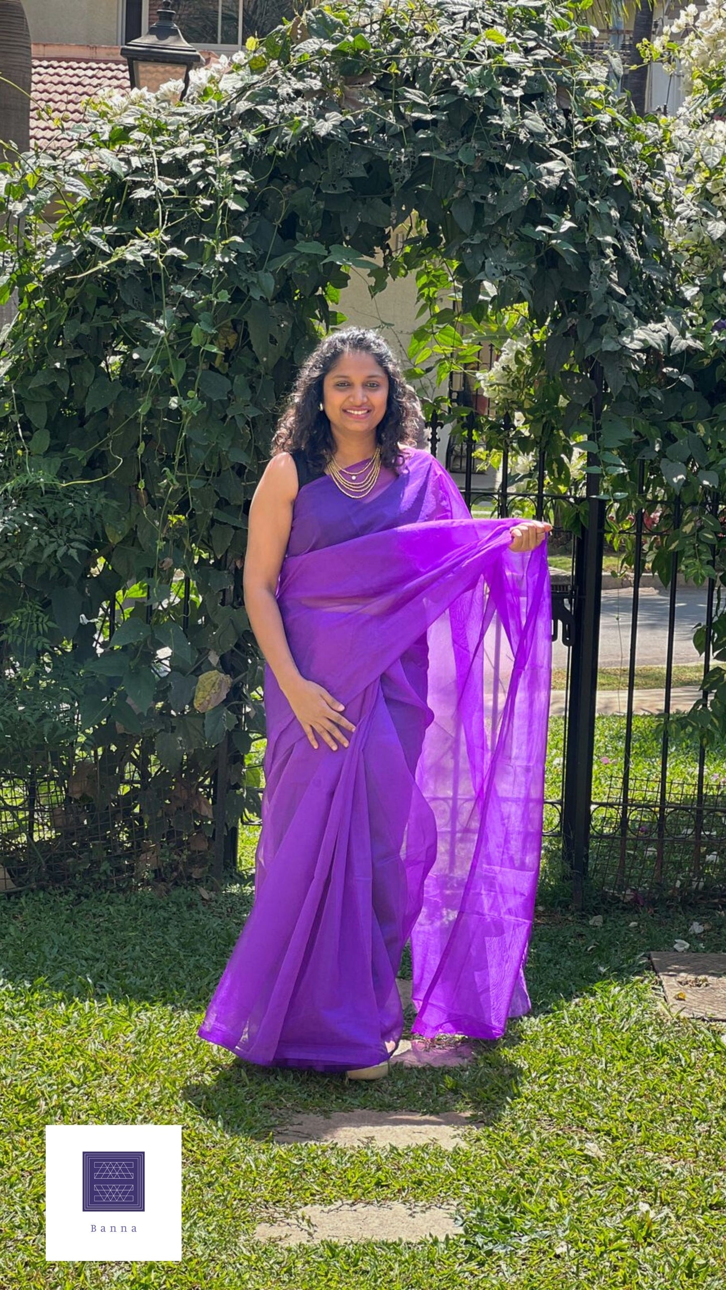 Butterfly bush dark Purple - Solid Organza Saree