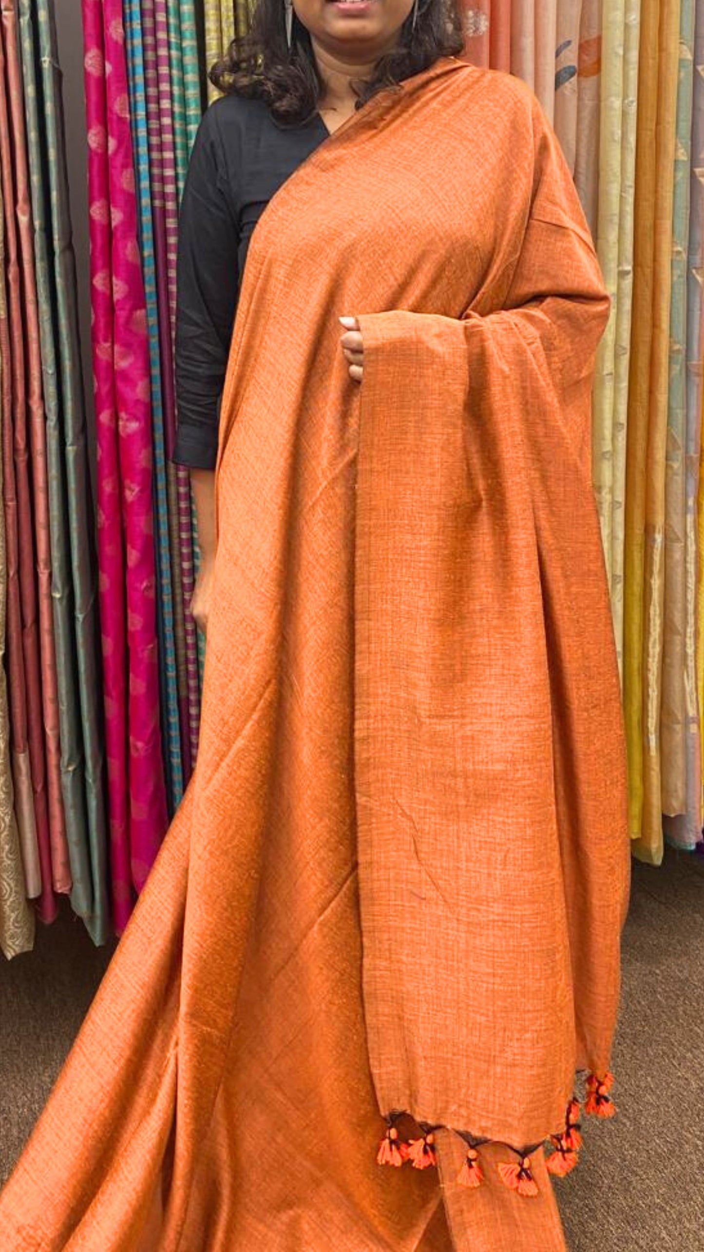 Soft Solid Cotton saree - Rust Orange and Black