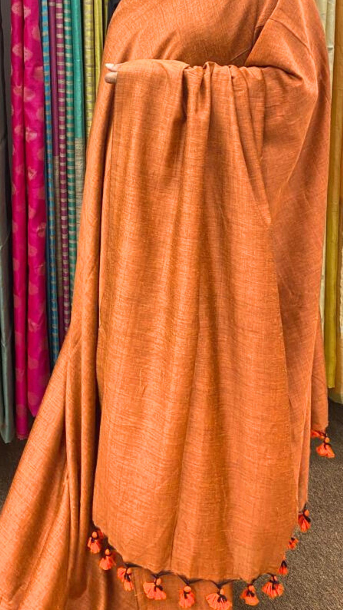 Soft Solid Cotton saree - Rust Orange and Black