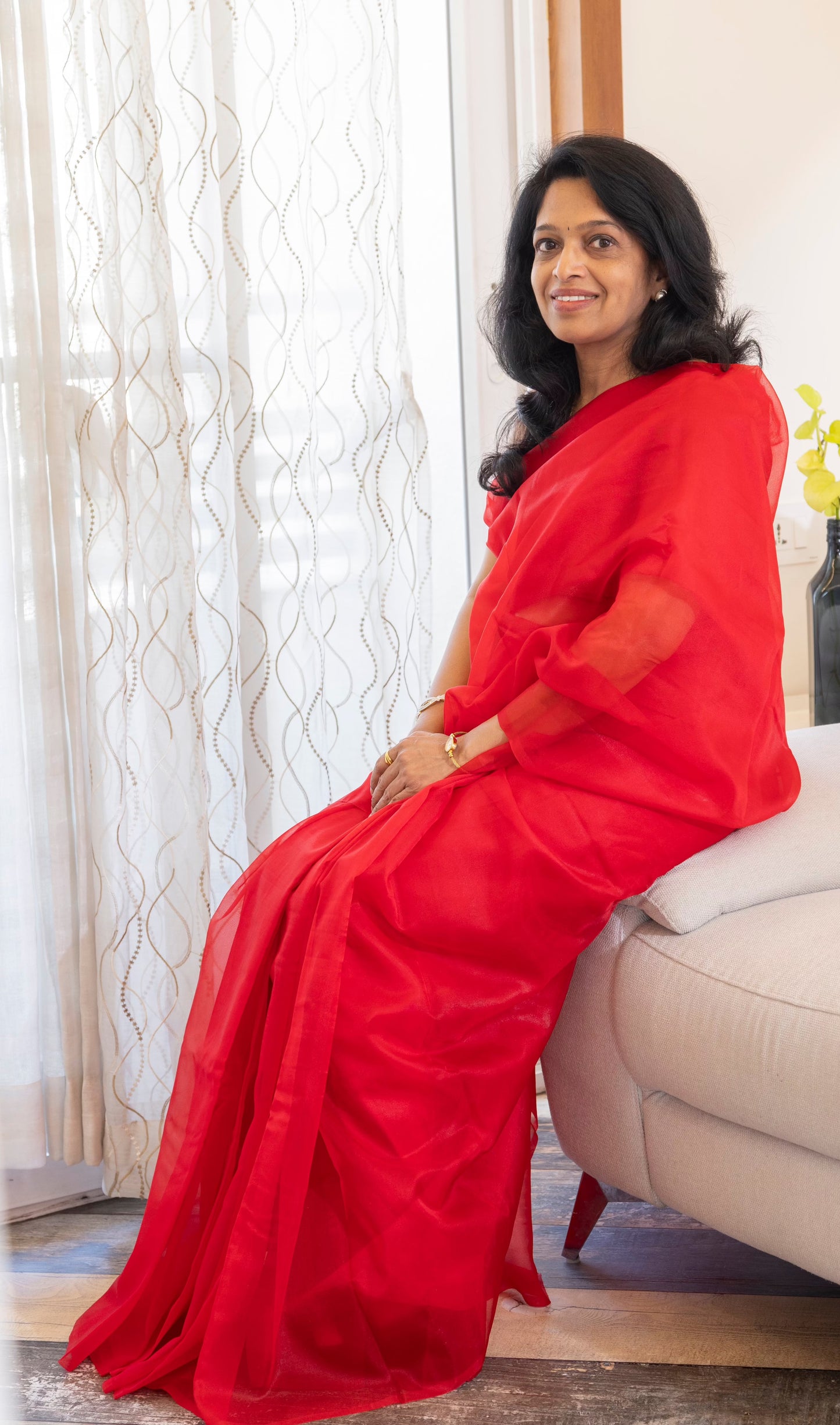 Courageous Red Solid Organza Saree