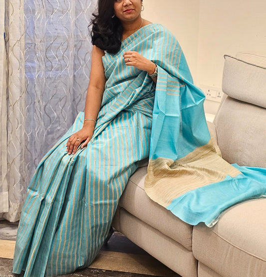 Naturally beautiful - Pure Tussar Silk with certified silk mark - Cyan Blue