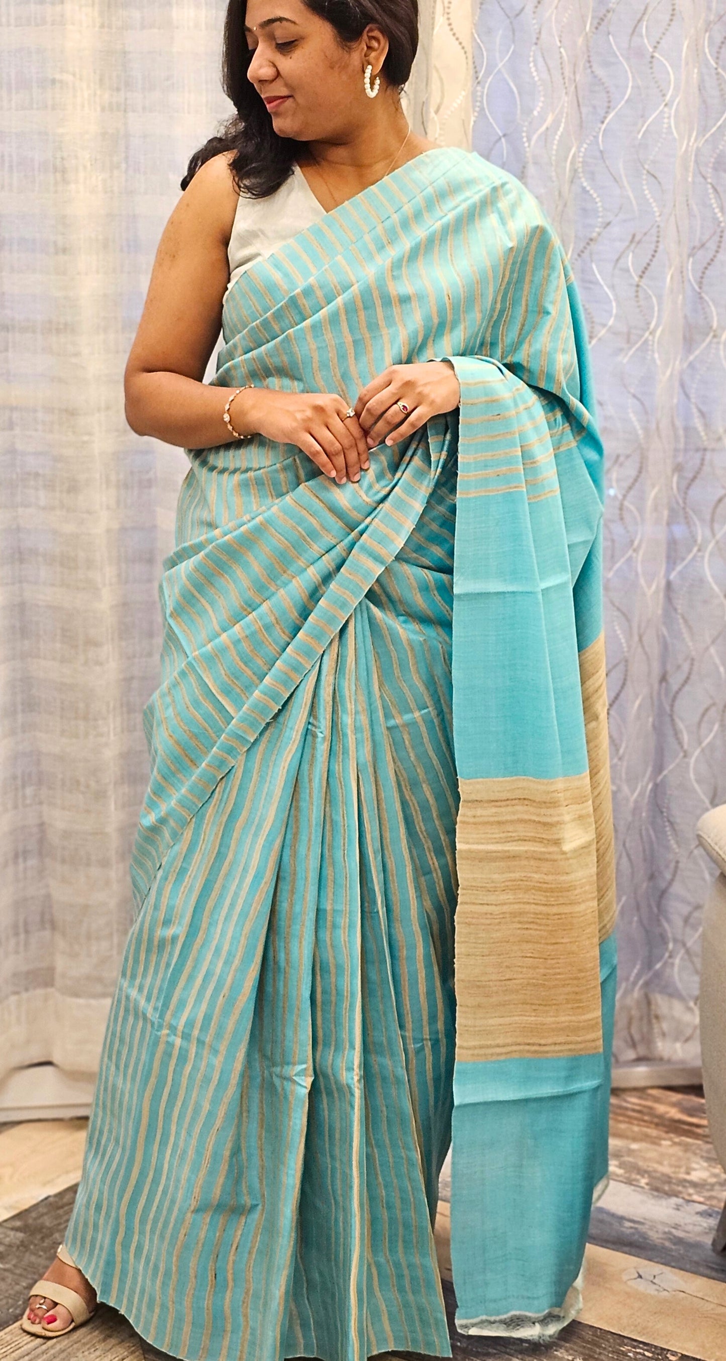 Naturally beautiful - Pure Tussar Silk with certified silk mark - Cyan Blue